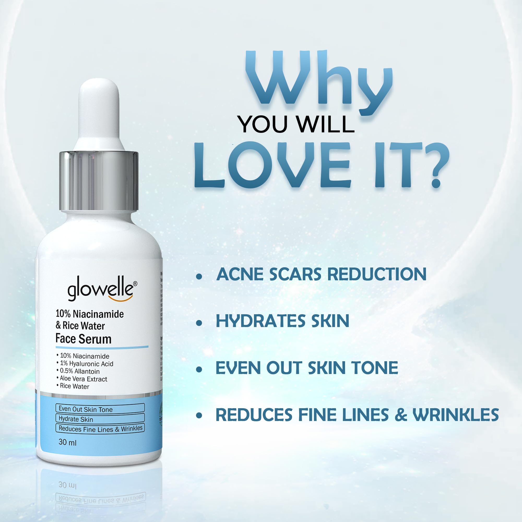 Glowelle 10% Niacinamide & Rice Water Brightening Face Serum - Dark Spot Corrector, Pore Minimizer, Anti-Aging Treatment for Glowing Skin - Reduces Wrinkles & Fine Lines - 30ml - Perfect for Daily Skincare Routine & Nighttime Regimen (For Women & Men)