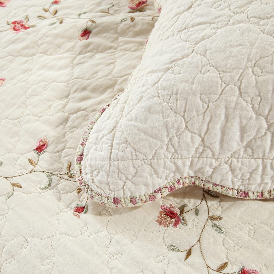 VCTOPS 2-Piece King Size Floral Embroidered Pillow Shams Set - 100% Cotton Quilted Decorative Pillow Covers (20x36 Inches, Cream) for Bedroom, Living Room & Home Decor