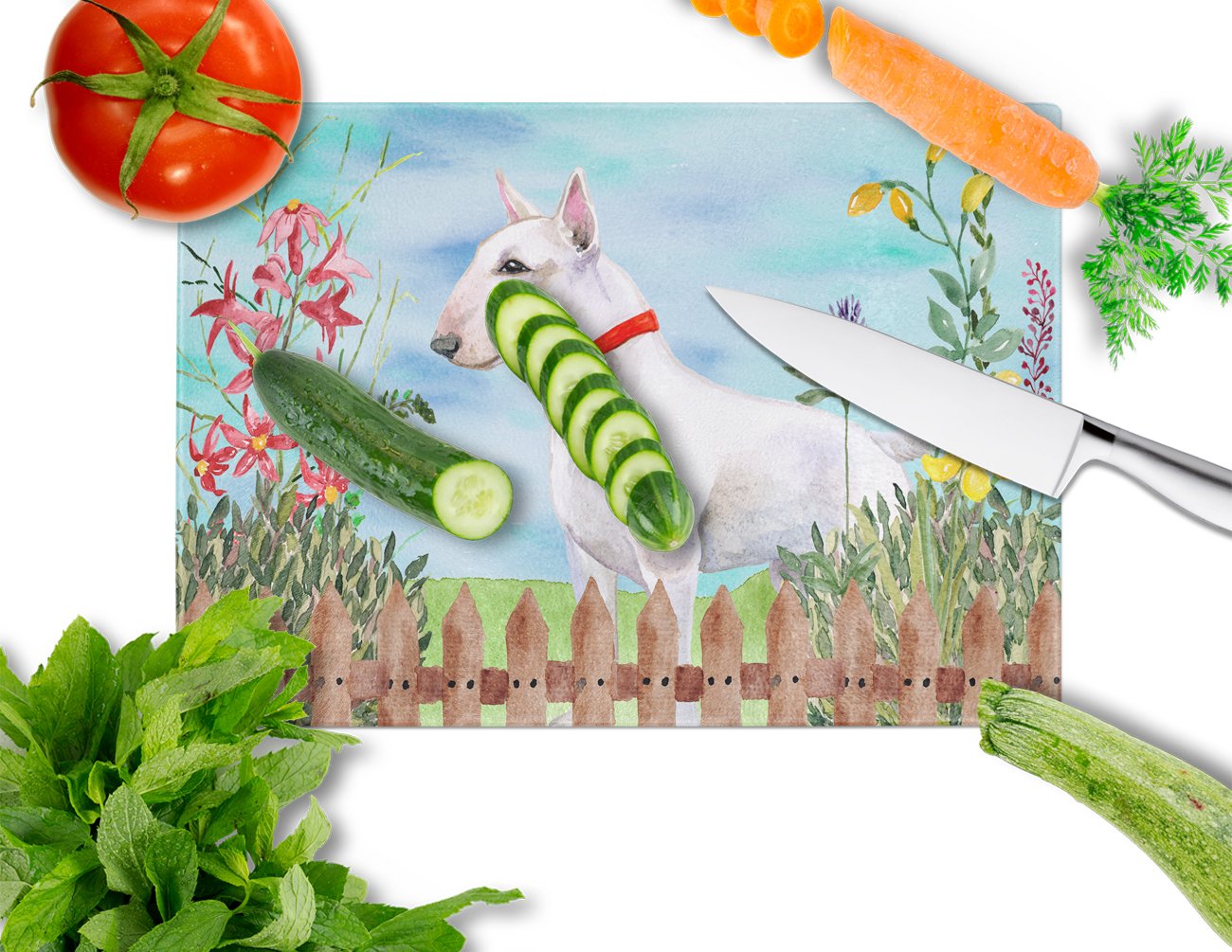 Bull Terrier Spring Glass Cutting Board - Large Tempered Glass Kitchen Chopping & Serving Board - Decorative & Durable for Food Prep, Charcuterie & Entertaining