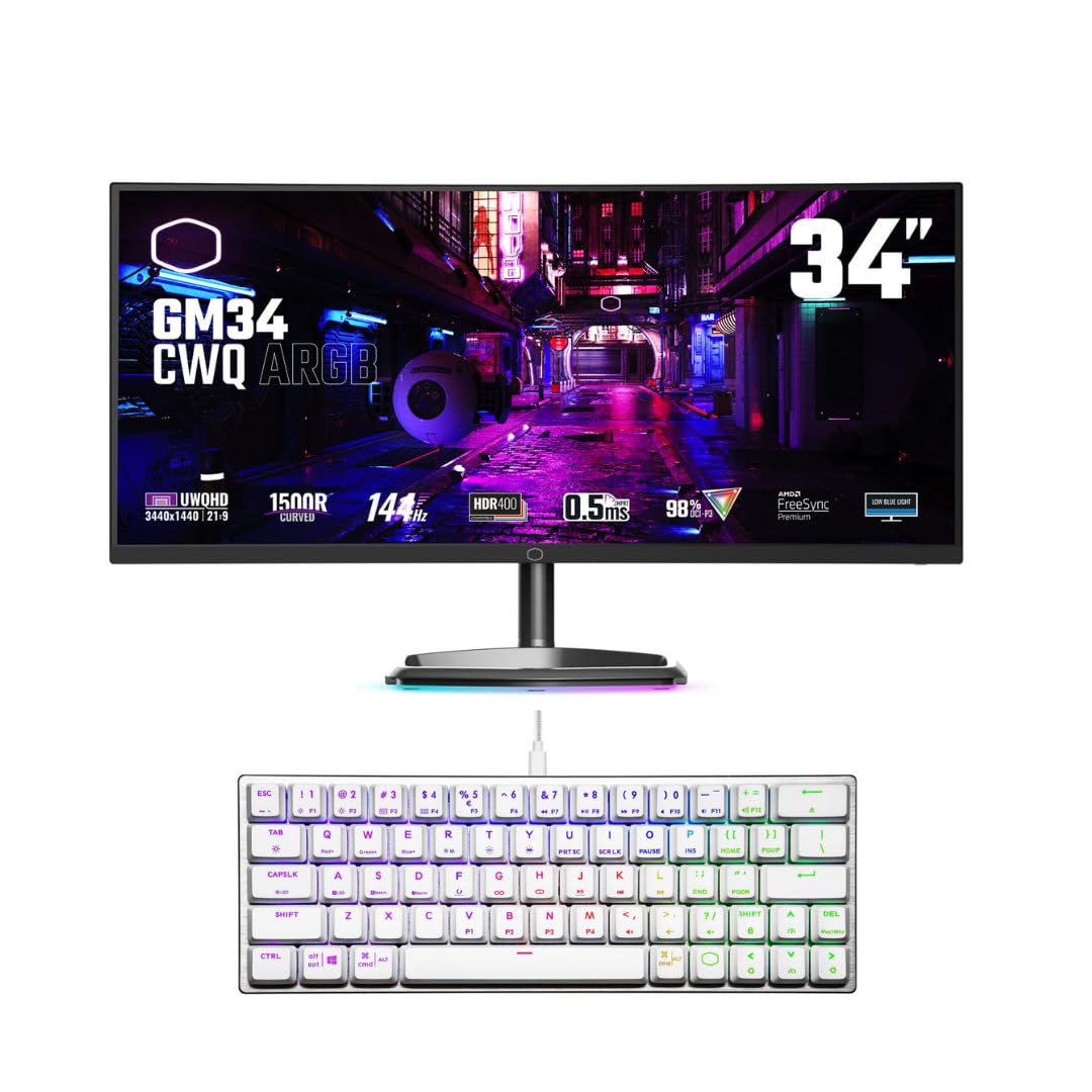Cooler Master 34-Inch 1500R Curved Gaming Monitor with UWQHD 3440x1440, ARGB Lighting & Wide Color Gamut - Includes SK620 Low Profile Mechanical Gaming Keyboard (Silver White) - Perfect for Immersive Gaming, Streaming & Productivity Work
