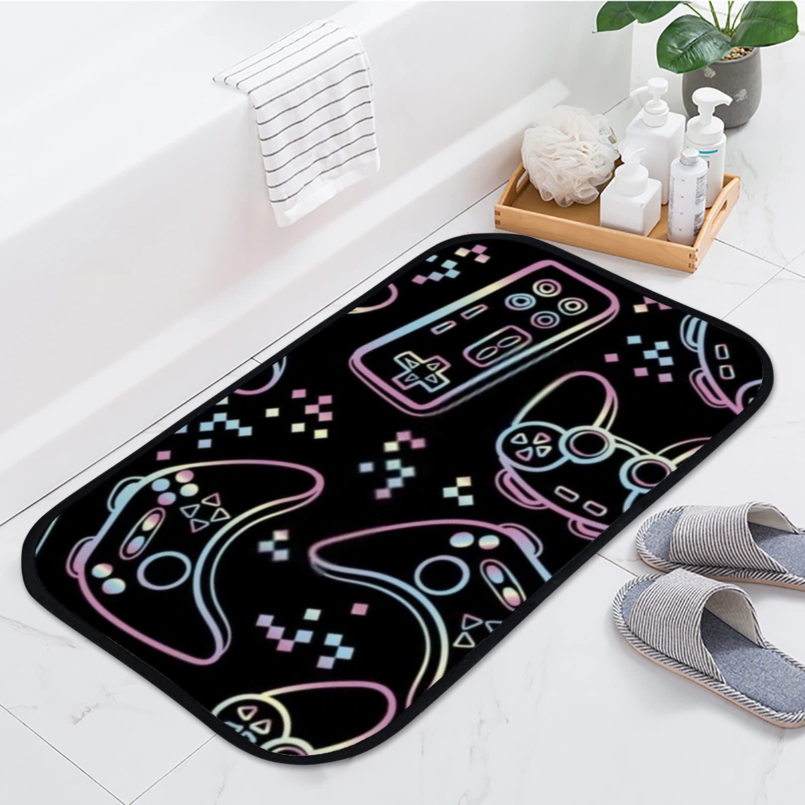 Non-Slip Bath Mat with Gaming Print - Soft Microfiber Velvet Bathroom Rug, Absorbent Shower Carpet (23.6x15.7 Inches) - Perfect for Gaming Rooms, Bathrooms & Entryways