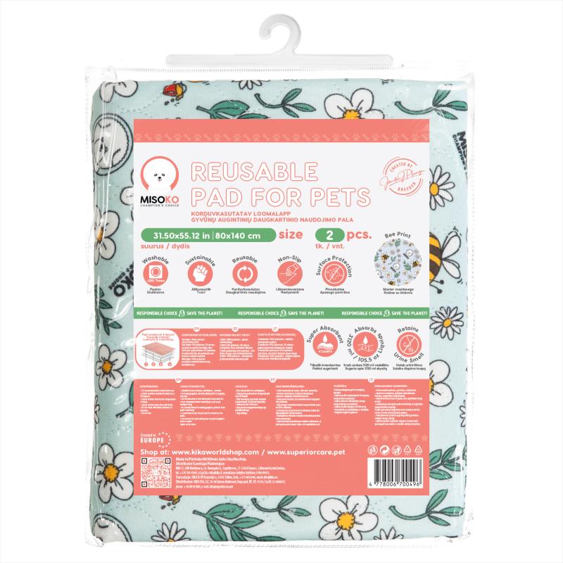 Misoko Reusable Pet Pads with Bees Print, Blue Color, 2-Pack - Absorbent & Washable for Dogs, Cats, Puppies - Perfect for Crate Training, Bedding & Travel