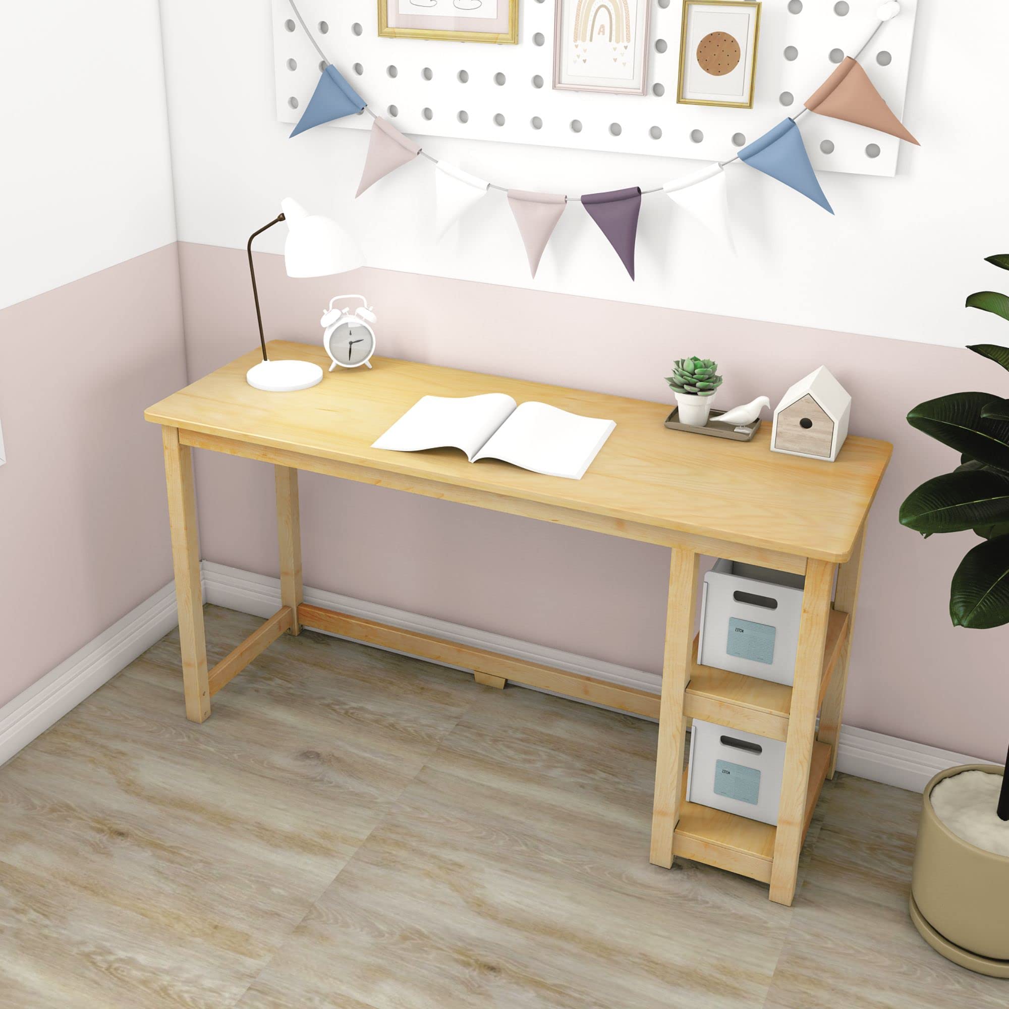 Max & Lily 55 Inch Solid Wood Desk with Shelves - Natural Wood Study Desk for Home Office, Kids Room & Dorm Room - Perfect for Remote Work, Online Learning & Homework Station