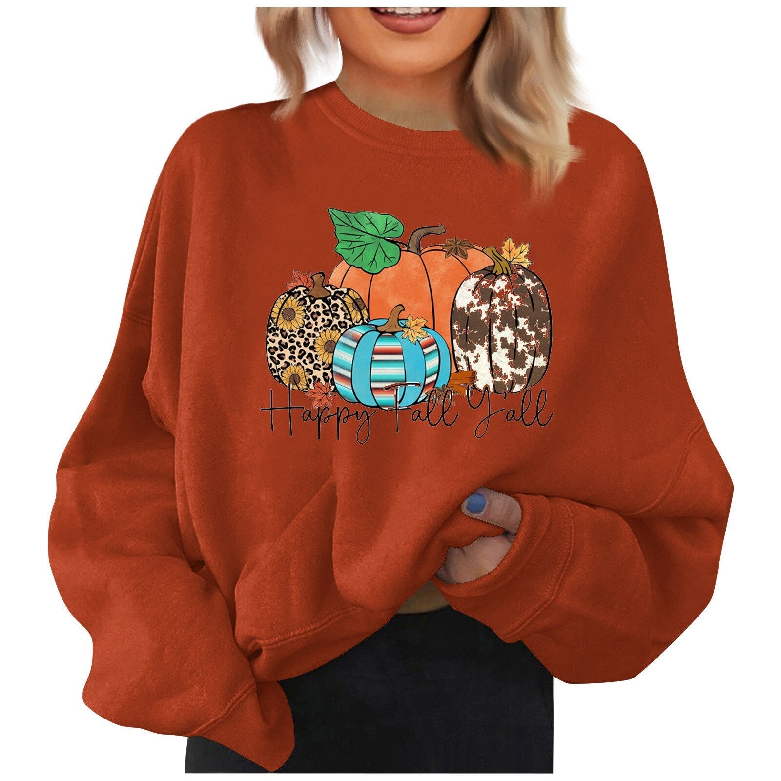 Women's Halloween Pumpkin Print Sweatshirt - Cozy Round Neck Long Sleeve Pullover for Autumn | Casual Loose Fit Top for Fall Fashion, Pumpkin Patch Visits & Spooky Season Outfits
