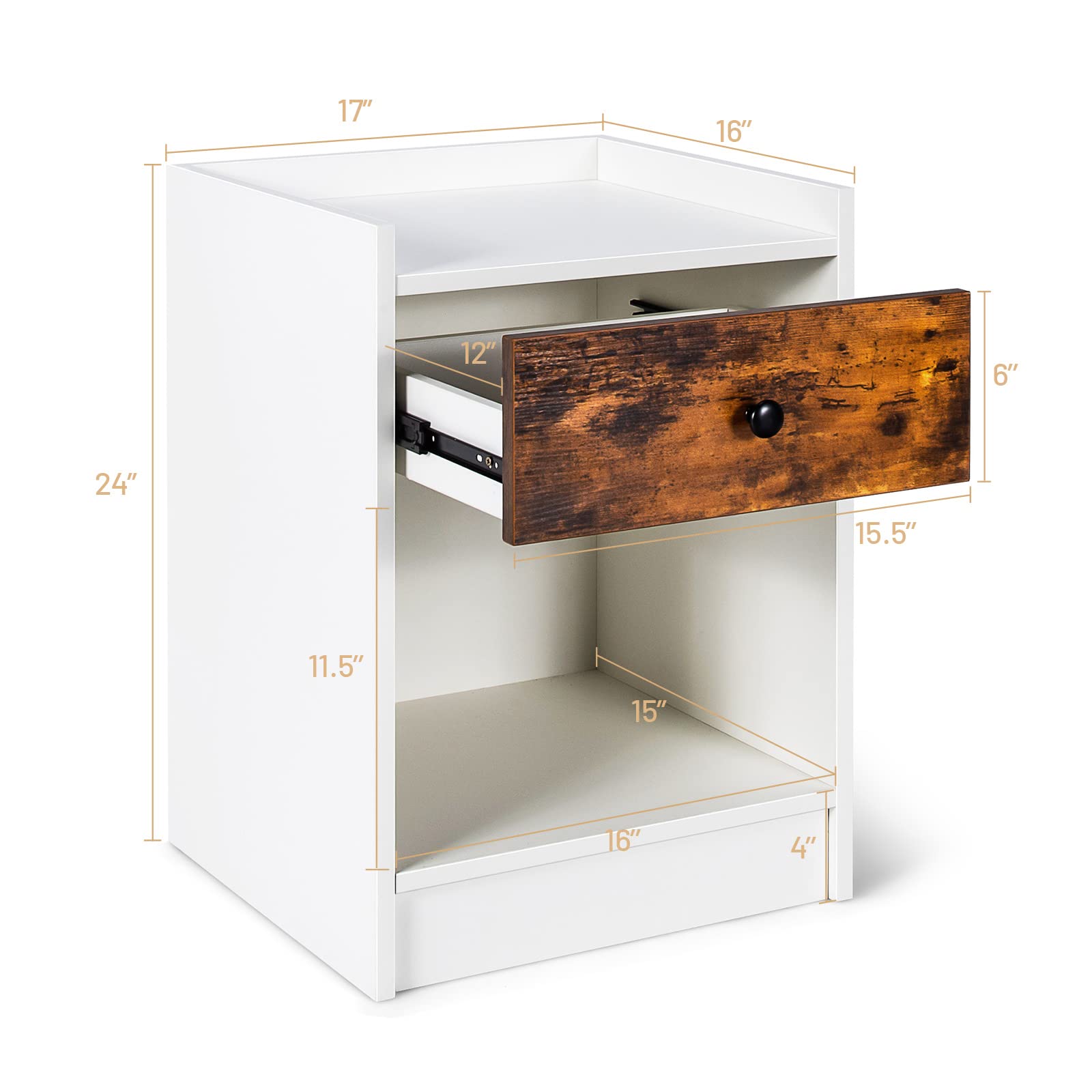Giantex Nightstand Set of 2 - White Wooden Bedside Tables with Storage Drawer & Open Shelf, 17x16x24 Inches, Farmhouse Style Bedroom Furniture - Perfect for Bedrooms, Guest Rooms & Dorm Rooms
