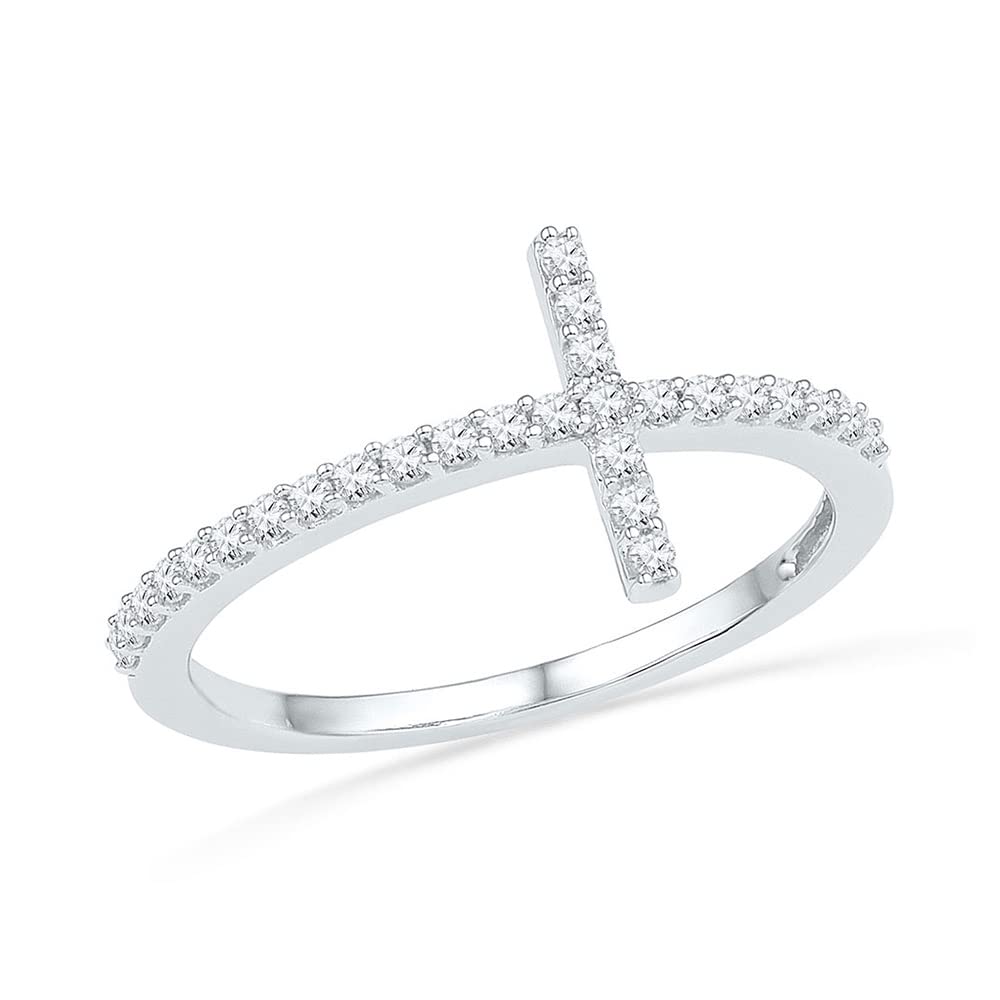 10K White Gold Women's Round Diamond Cross Band Ring - 1/5 CTTW, Elegant Religious Jewelry for Everyday Wear, Gift for Her, Wedding, Anniversary & Special Occasions