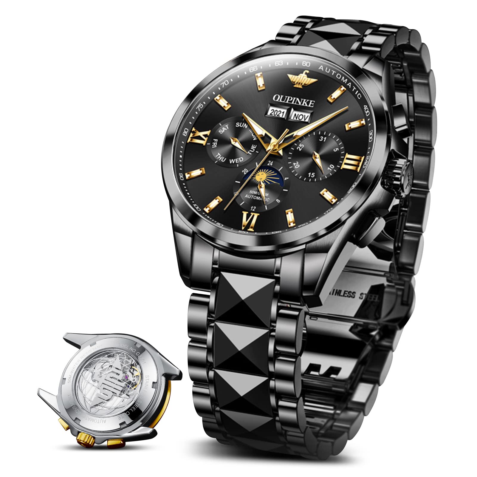 OLEVS Automatic Men's Watch - Brown Leather Strap, Blue Skeleton Dial, Self-Winding Mechanical Movement with Calendar | Waterproof Sapphire Crystal Watch for Business, Formal & Casual Wear | Luminous Hands & Tourbillon Design