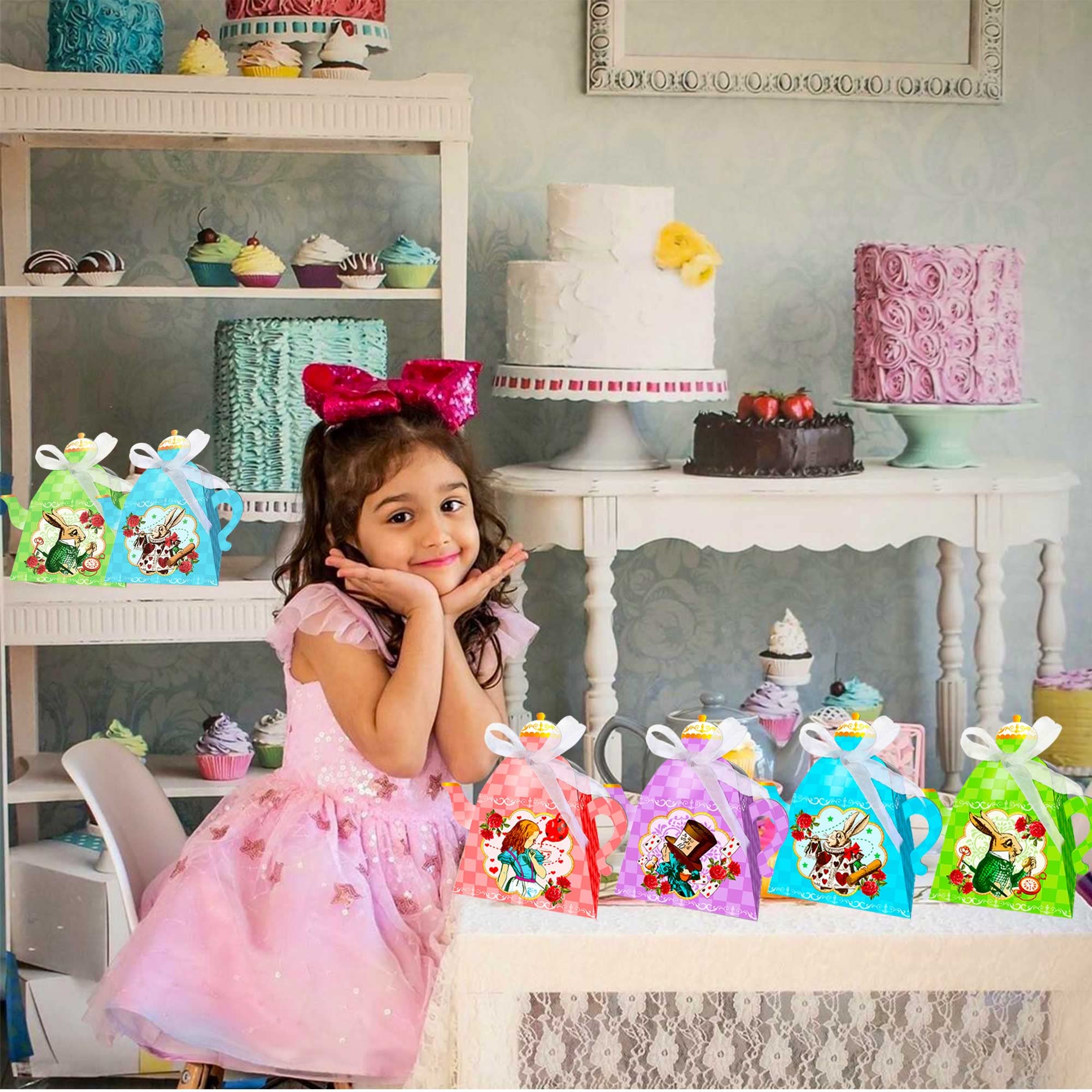 LaVenty 12 PCS Alice in Wonderland Tea Party Favor Bags & Gift Boxes - Whimsical Treat Bags for Birthday Parties, Baby Showers & Themed Events
