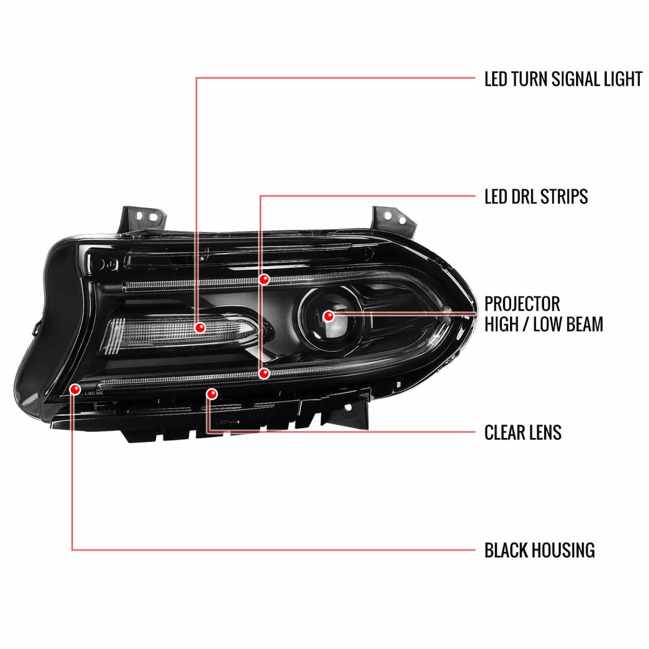 2015-2020 Dodge Charger LED Projector Headlights with C-Shape LED Strip & Turn Signal - Black Housing Clear Lens - Upgrade for Night Driving & Custom Look