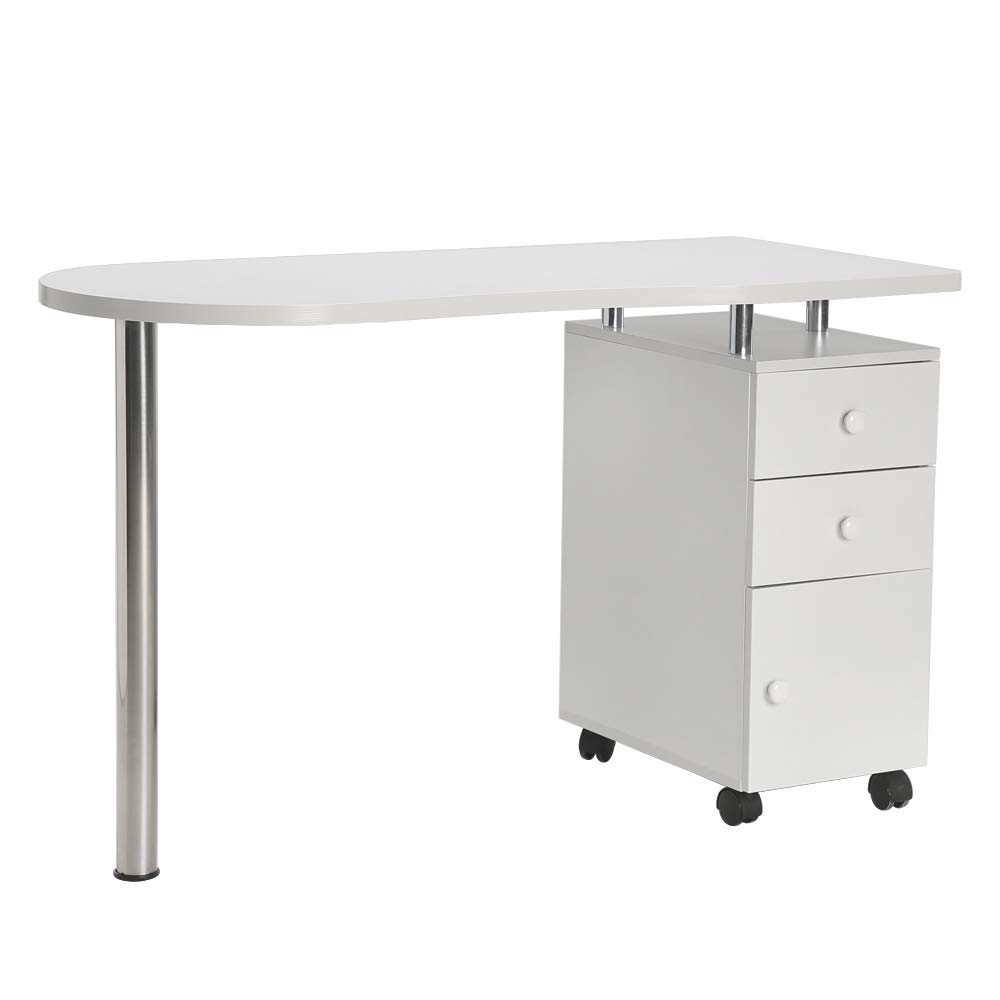 FCH Portable Nail Table with 2 Drawers & 1 Cupboard - White Salon Manicure Station with Wrist Rest | Mobile Beauty Desk for Home & Professional Use | Easy Assembly (Single Side) | Perfect for Nail Salons, Spas & DIY Manicures