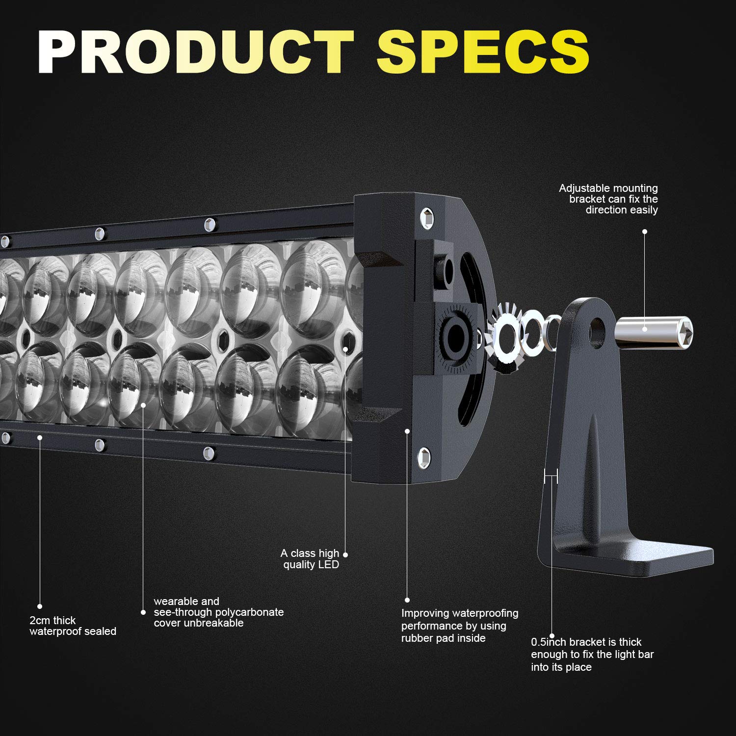 TURBO SII - 50 Inch 288W Curved 5D LED Light Bar Kit + 20 Inch 126W Spot Flood Combo Offroad Lights - 4PCS 4 Inch LED Pod Lights with 3-Lead Wiring Harness for Jeep, Truck, ATV, UTV, SUV - Perfect for Off-Roading, Night Driving & Adventure