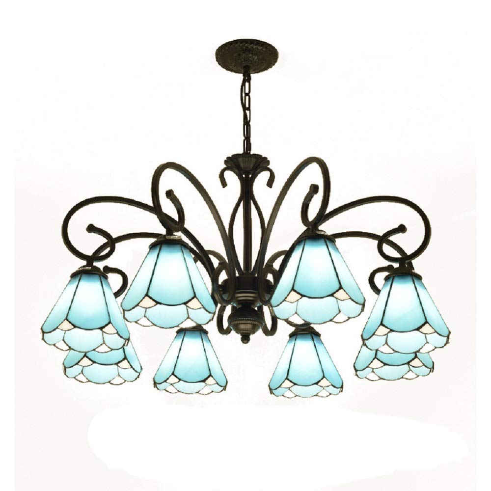 Blue Tiffany Cone Pendant Chandelier - 8-Light Black Ceiling Suspension Lamp with Blue Glass Shades for Living Room, Dining Room & Bedroom Lighting