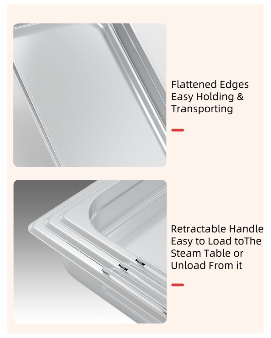 Commercial Stainless Steel Full Size Steam Table Pans with Handle & Lid - 6-Pack 2.5 Inch Deep Restaurant Hotel Pans, Anti-Jamming Design for Buffet, Catering & Food Service