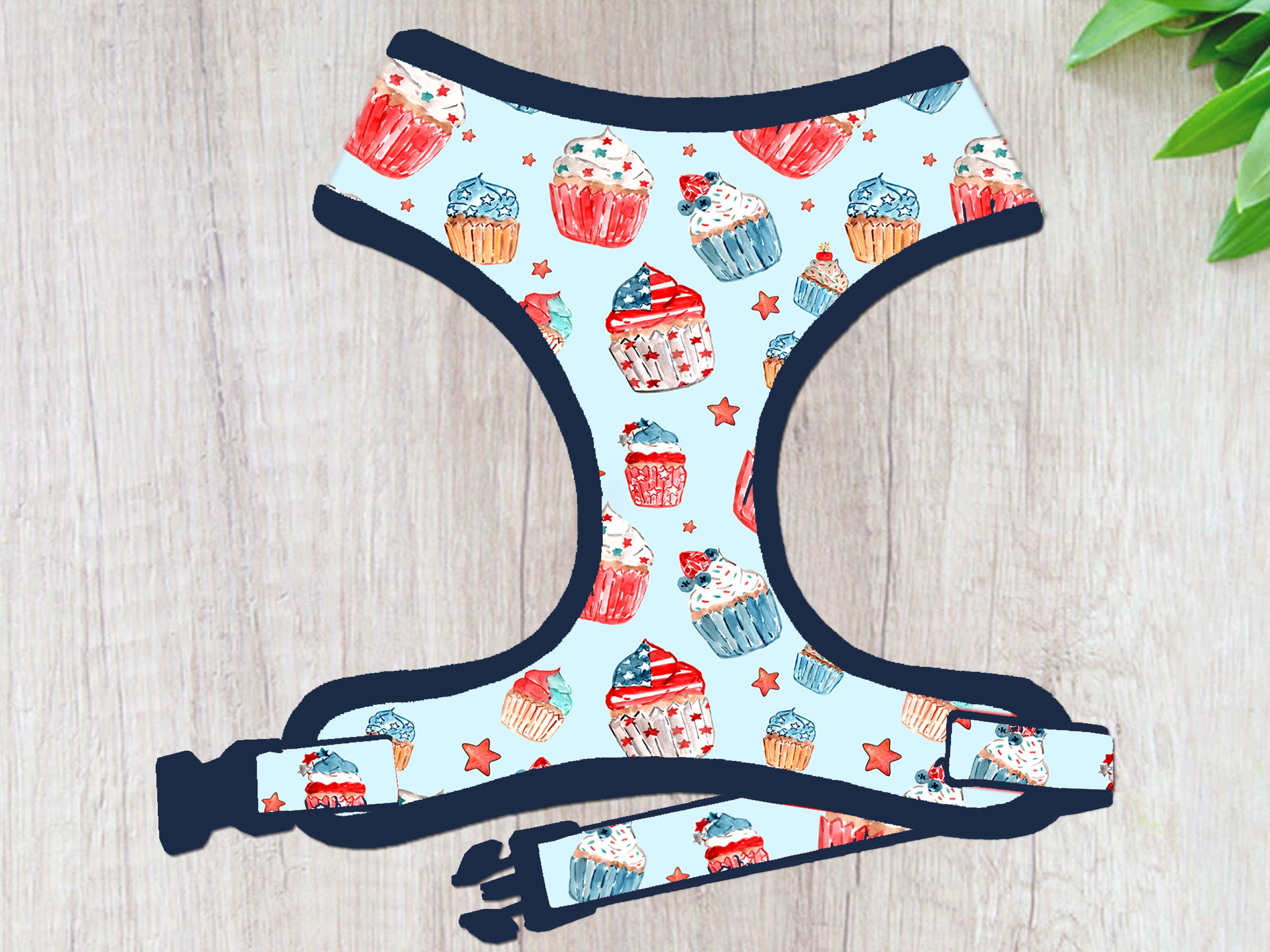 Patriotic Cupcake Dog Harness with Navy Trim - Comfortable Adjustable Pet Vest for Small Medium Dogs - Perfect for 4th of July, Halloween & Costume Parties