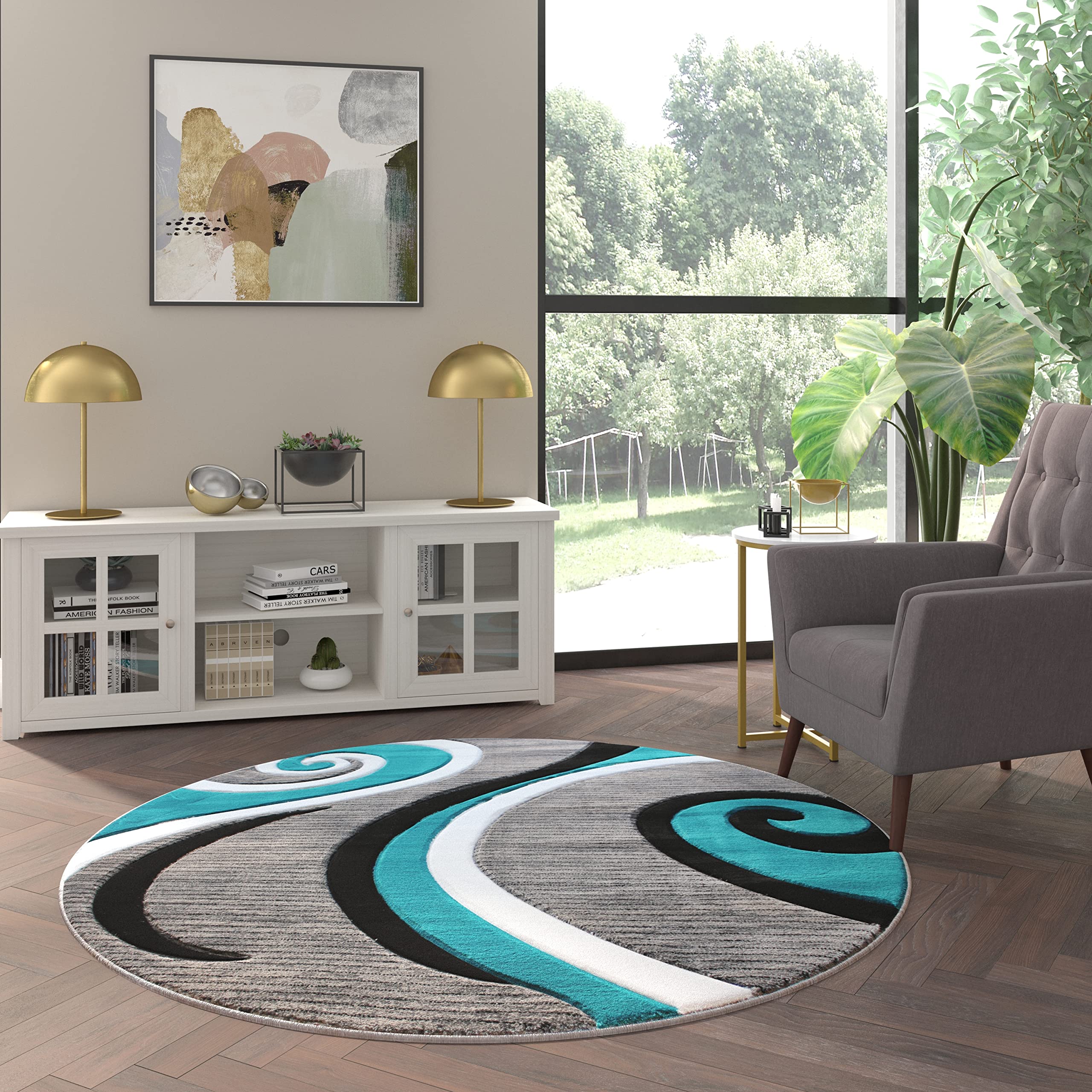 EMMA + OLIVER 5x5 Round Turquoise Contemporary Swirl Pattern Accent Rug - Modal Olefin Fabric with 3D Sculpted Effect & Varied Textures - Stain Resistant with Jute Backing - Perfect for Living Room, Bedroom or Office Decor