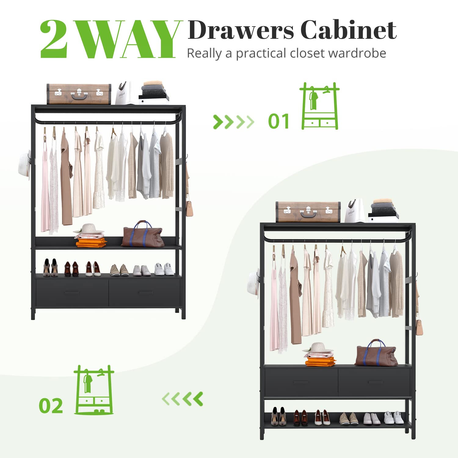 HOKEEPER Heavy Duty Free Standing Closet Organizer with 5 Drawers & Hooks - Sturdy Metal Garment Rack with Shelves for Bedroom, Closet Storage - Perfect for Hanging Clothes, Organizing Wardrobe & Maximizing Small Spaces (Black)