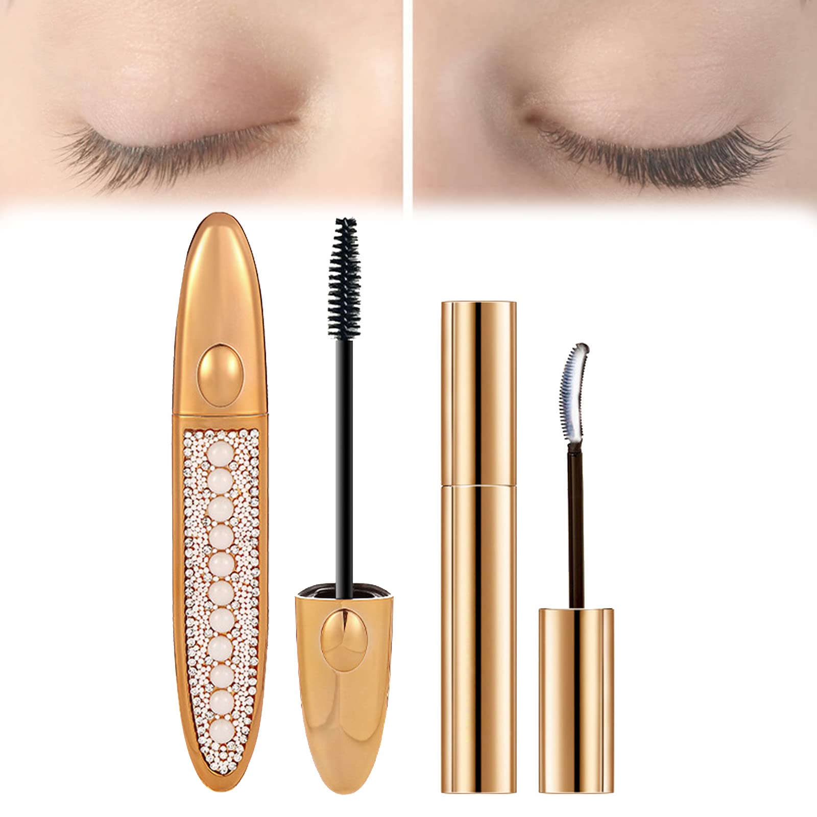 HPDT Pearl 4D Silk Fiber Eyelashes Thickening Mascara & Primer 2-in-1 - Waterproof Long Lasting Volumizing Mascara for Dramatic Length & Volume - Perfect for Everyday Wear, Date Night & Special Occasions