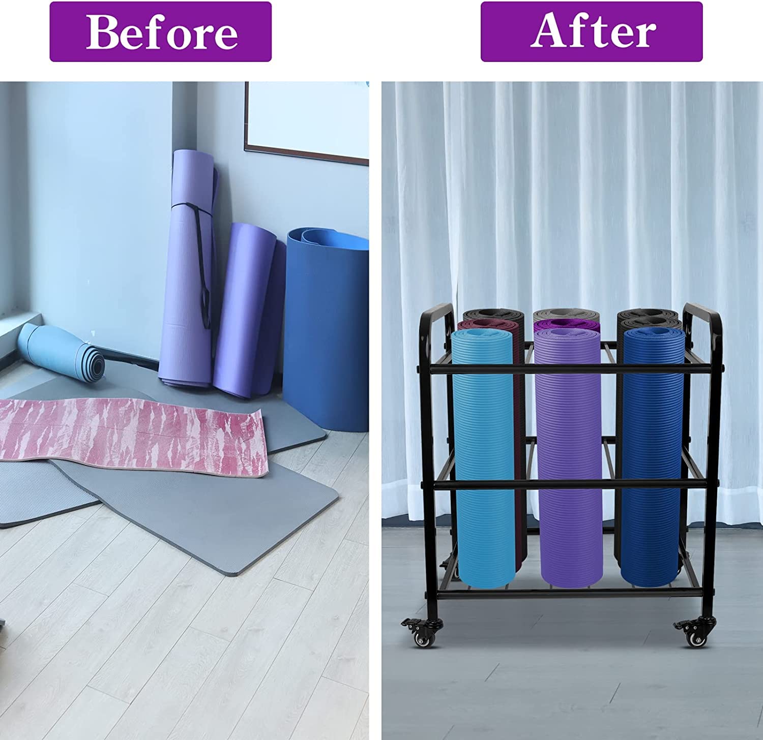 MM MELISEN Yoga Mat Storage Rack - Portable Home Gym Organizer with Wheels for Foam Rollers, Yoga Straps & Resistance Bands | Perfect for Yoga Studios, Home Workouts & Fitness Equipment Storage