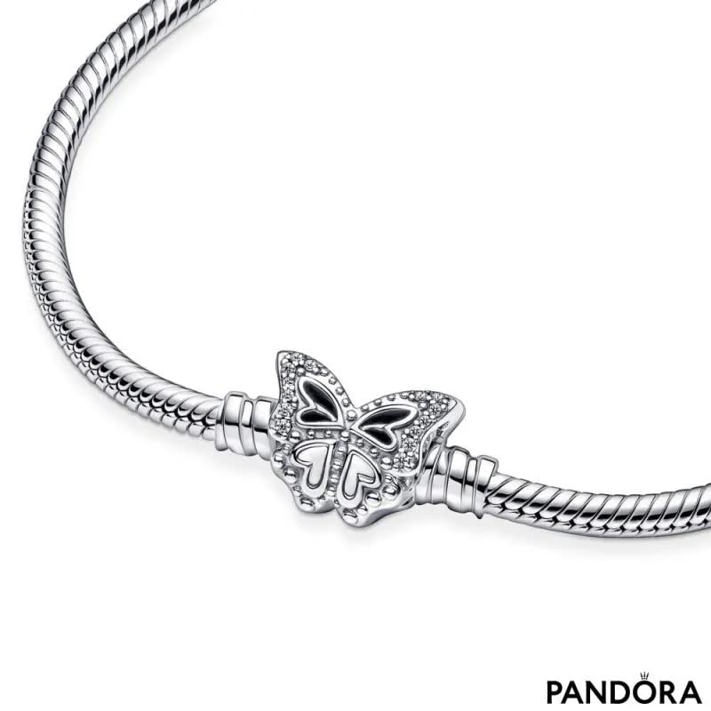 PANDORA Moments Butterfly Clasp Snake Chain Bracelet - Sterling Silver with Cubic Zirconia - Compatible with PANDORA Charms - Elegant Jewelry Gift for Women - Perfect for Birthdays, Anniversaries & Special Occasions