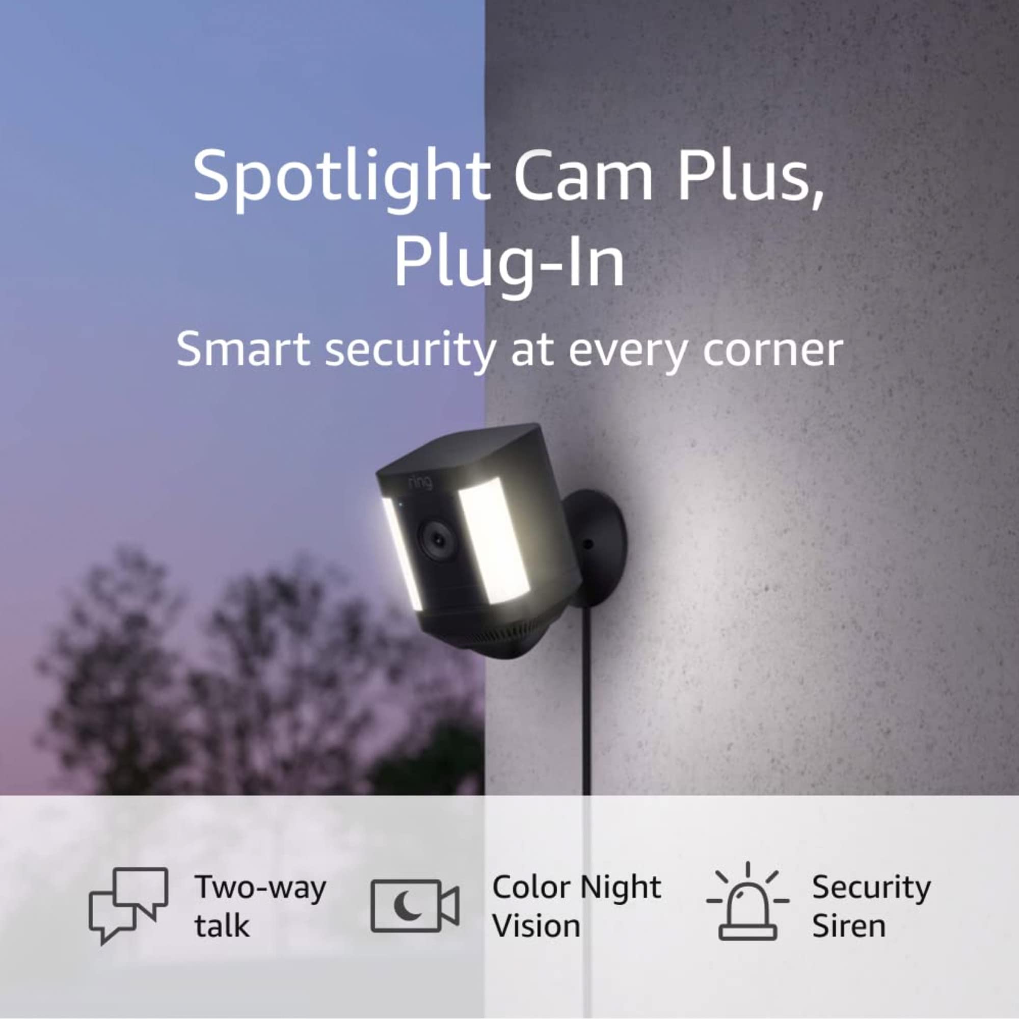 Ring Spotlight Cam Plus Plug-In Security Camera - 2-Way Audio, Color Night Vision, Alarm Siren | Outdoor Home Security for Front Door, Backyard & Garage (2022 Model, Black)