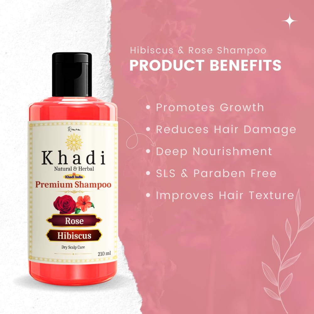 KHADI Ayurvedic Anti Dandruff Shampoo with Rose & Hibiscus - 100% Natural, Sulfate-Free Hair Care (210ml) for Dry, Itchy Scalp & Flakes | Gentle Daily Use for Healthy Hair Growth