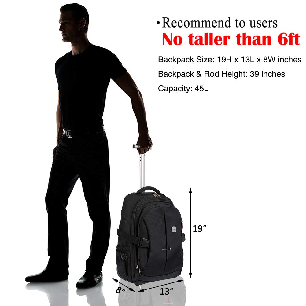 SKYMOVE 19 Inch Wheeled Rolling Backpack for Adults & Students - Laptop & Book Travel Backpack with Extendable Handle (Black) - Perfect for School, Business Travel & Commuting