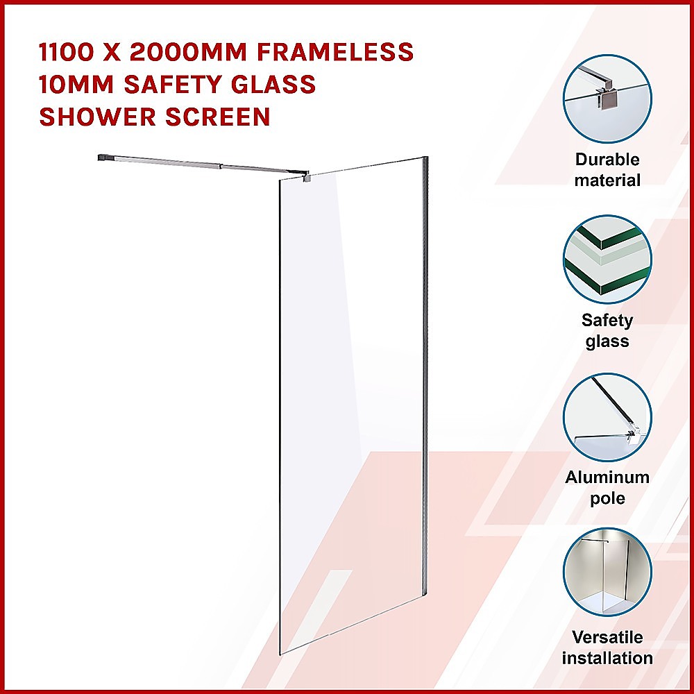 10mm Frameless Safety Glass Shower Screen - 1100mm x 2000mm - Tempered Bathroom Glass Panel for Modern Walk-in Showers & Wet Rooms