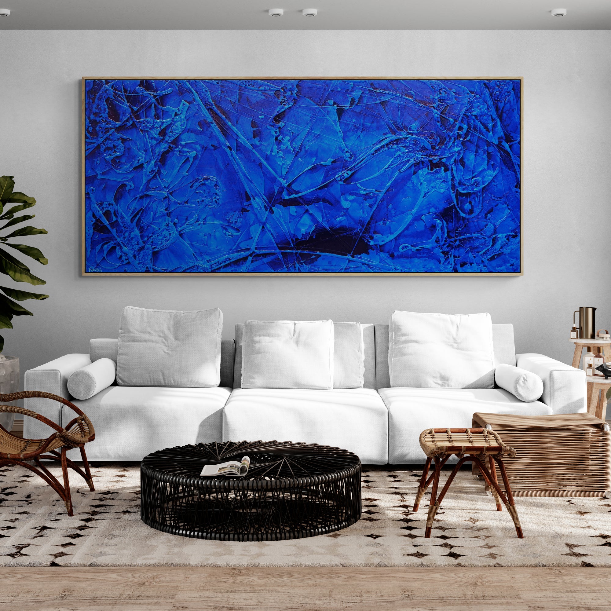 Blue Ink Textured Abstract Painting - 270cm x 120cm Large Canvas Wall Art for Modern Home & Office Decor | Inked Euphoria Collection