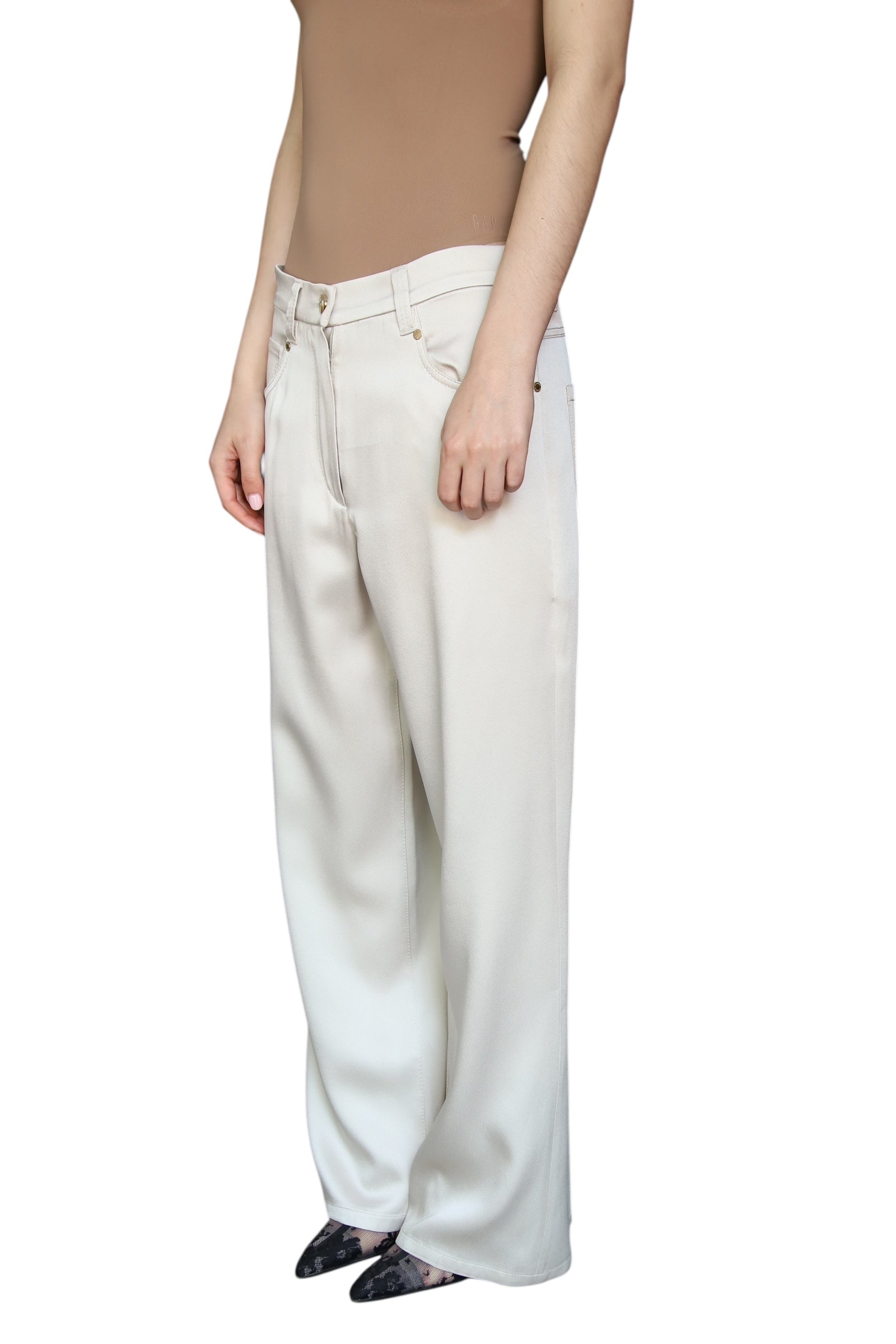 Brunello Cucinelli Women's Ecru Satin Wide Leg Pants - Italian Size 42 / US 6 - Elegant High Waist Palazzo Trousers for Office, Evening & Special Occasions