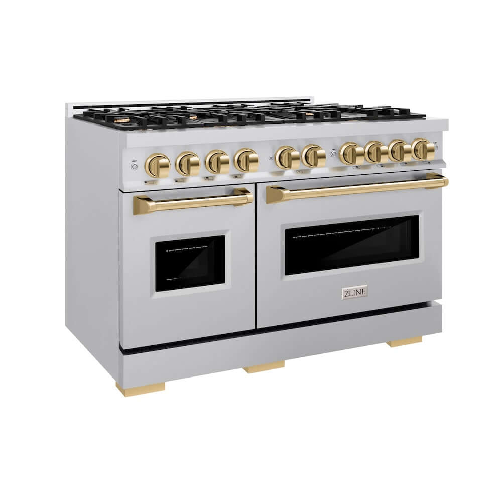 ZLINE Autograph Edition 48-inch 6.7 cu. ft. Classic Double Oven Gas Range with 8 Burner Cooktop - Stainless Steel with Polished Gold Accents (CGRZ 48 G) - Perfect for Large Kitchens and Professional Chefs