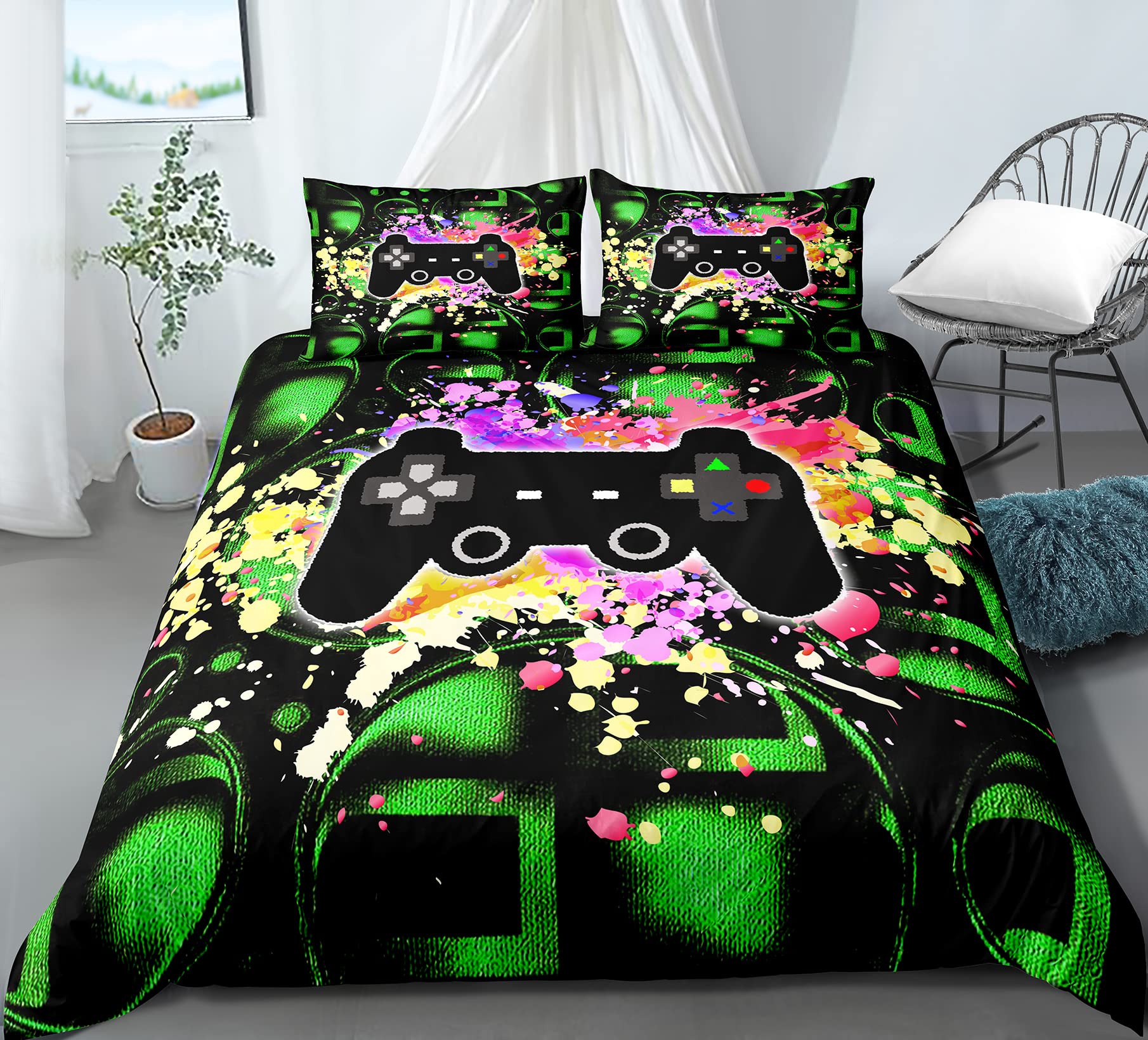 3D Printed Video Game Duvet Cover Set - Gamer Bedding with Controller & Tie-Dye Design for Teen Boys | Perfect for Gaming Room Decor & Themed Bedrooms