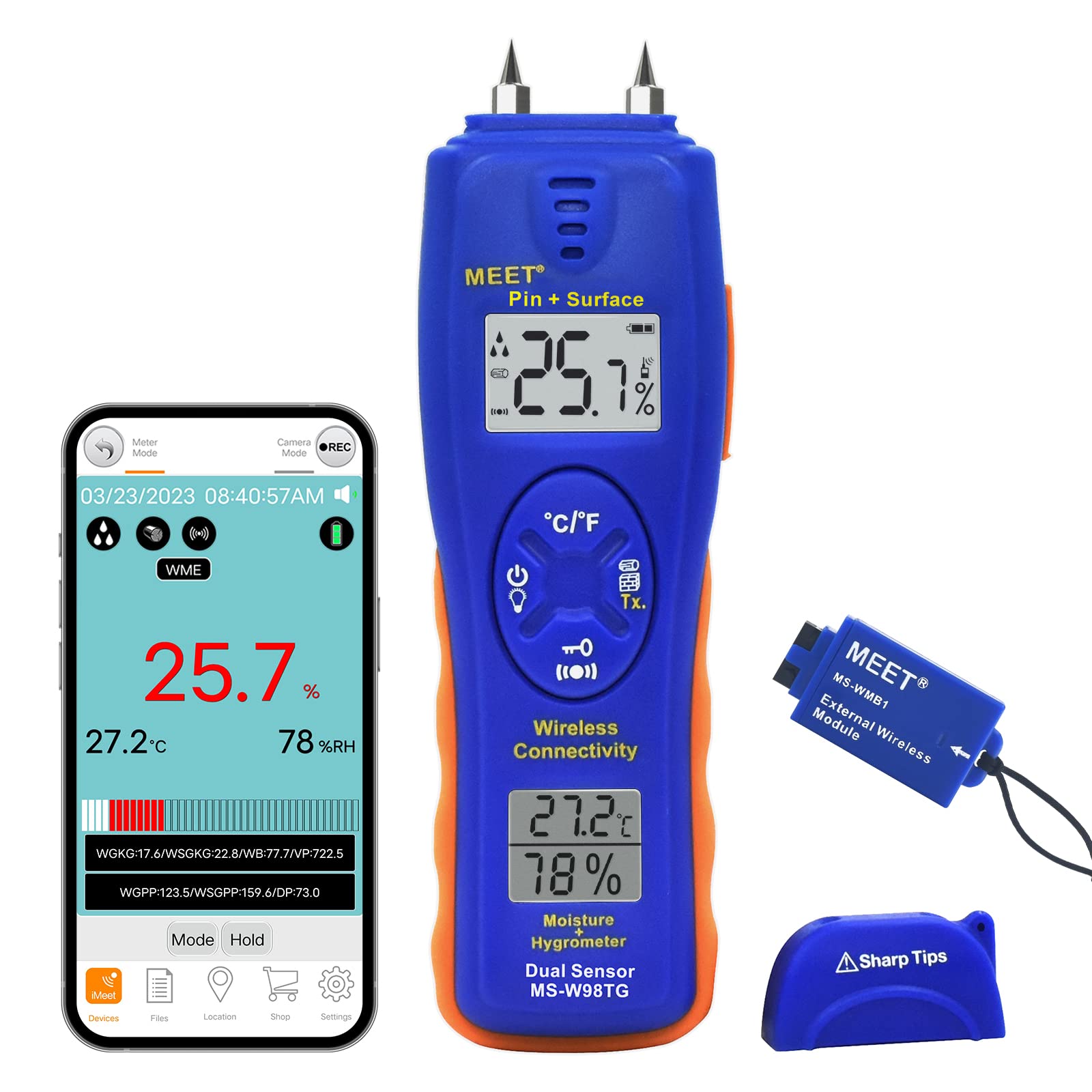 **MEET MS-W98TG Bluetooth Pin/Surface Moisture Meter – Digital Water Leak Detector for Home & Restoration, Dual LCD Display with Audible Alarm – Ideal for Woodworkers, Contractors & DIY Projects (Moisture Testing for Floors, Walls & Woodworking)**