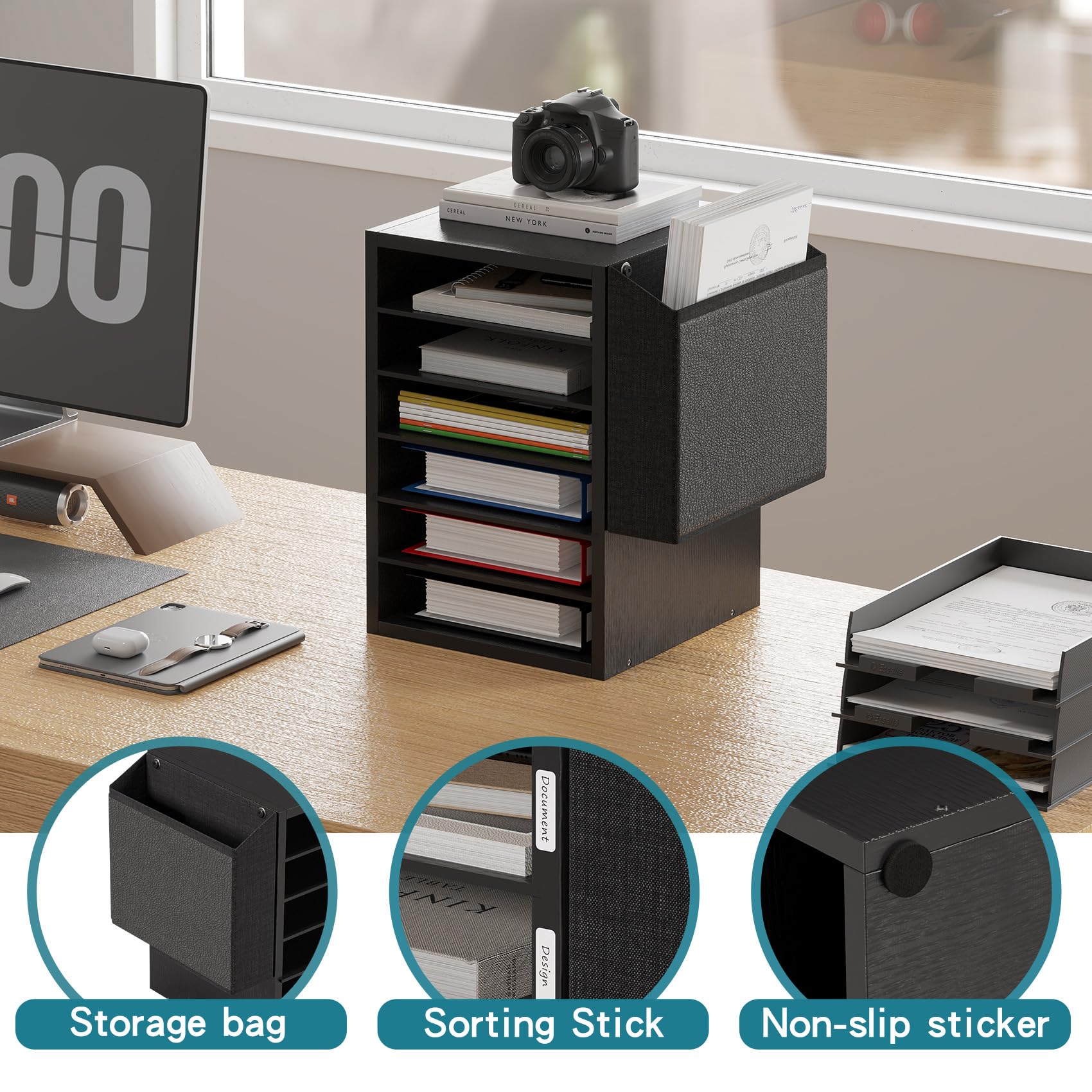 6-Tier Adjustable Wooden Mail Sorter with Name Slots - Black Literature Organizer, Office Desk File Storage, Teacher Classroom Mailbox - Perfect for Home Office, School, and Mail Organization