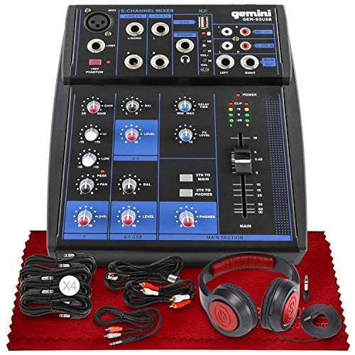 Gemini GEM-05USB 5-Channel Professional Bluetooth Audio Mixer with SR360 Stereo Headphones, Deluxe Cable Kit & Microfiber Cloth - Perfect for DJs, Home Studios & Live Performances