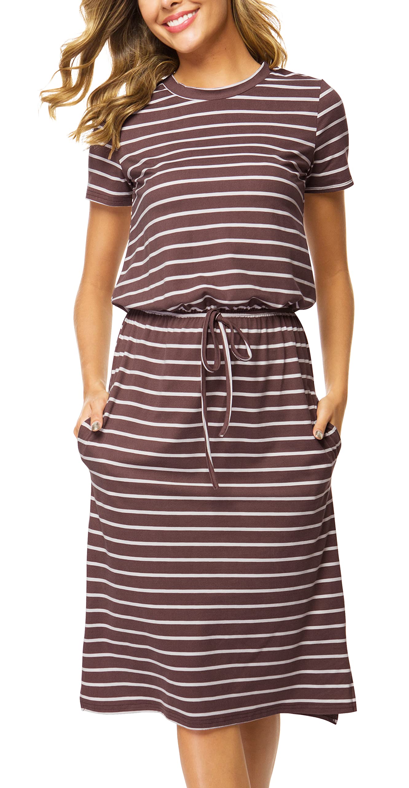 Women's Summer Knee-Length Dress with Pockets - Hide Belly Flowy Midi Dress for Travel, Work & Casual Wear | 2025 Spring Short Sleeve Teacher Outfits | Perfect for Office, Vacation & Everyday Comfort