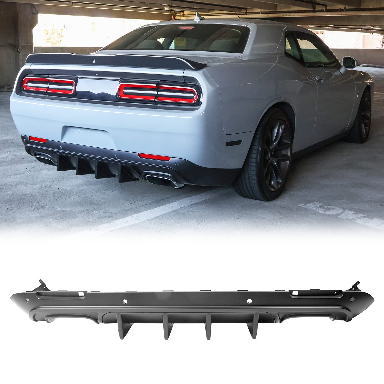FREEMOTOR802 Rear Diffuser for 2015-2023 Dodge Challenger | IKON V1 Style Matte Black PP Bumper Lip Valance | 4-Piece Shark Fin Splitter Kit | Enhances Aerodynamics & Sporty Look for Street Racing & Car Shows