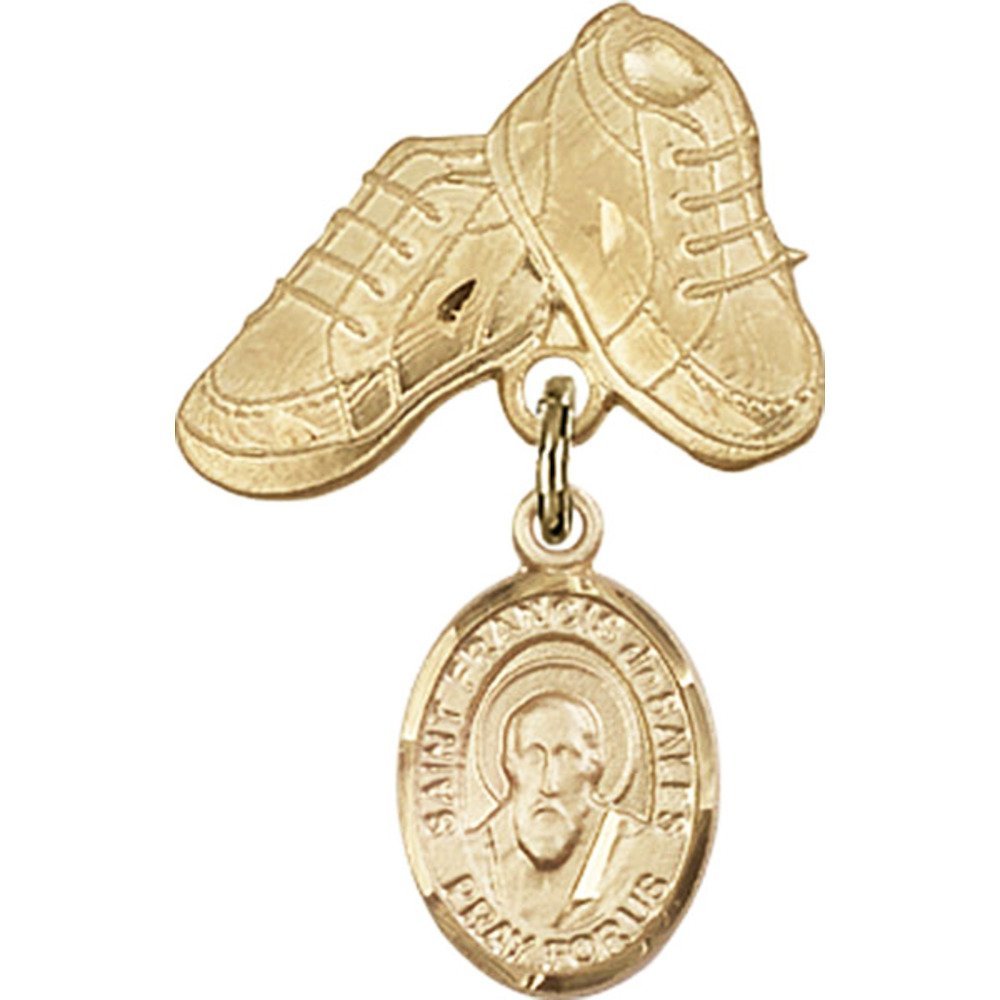 Gold Filled Baby Badge with St. Francis de Sales Charm & Baby Boots Pin - 1 X 5/8 Inch - Perfect for Christening Gifts, Baby Showers & Keepsakes