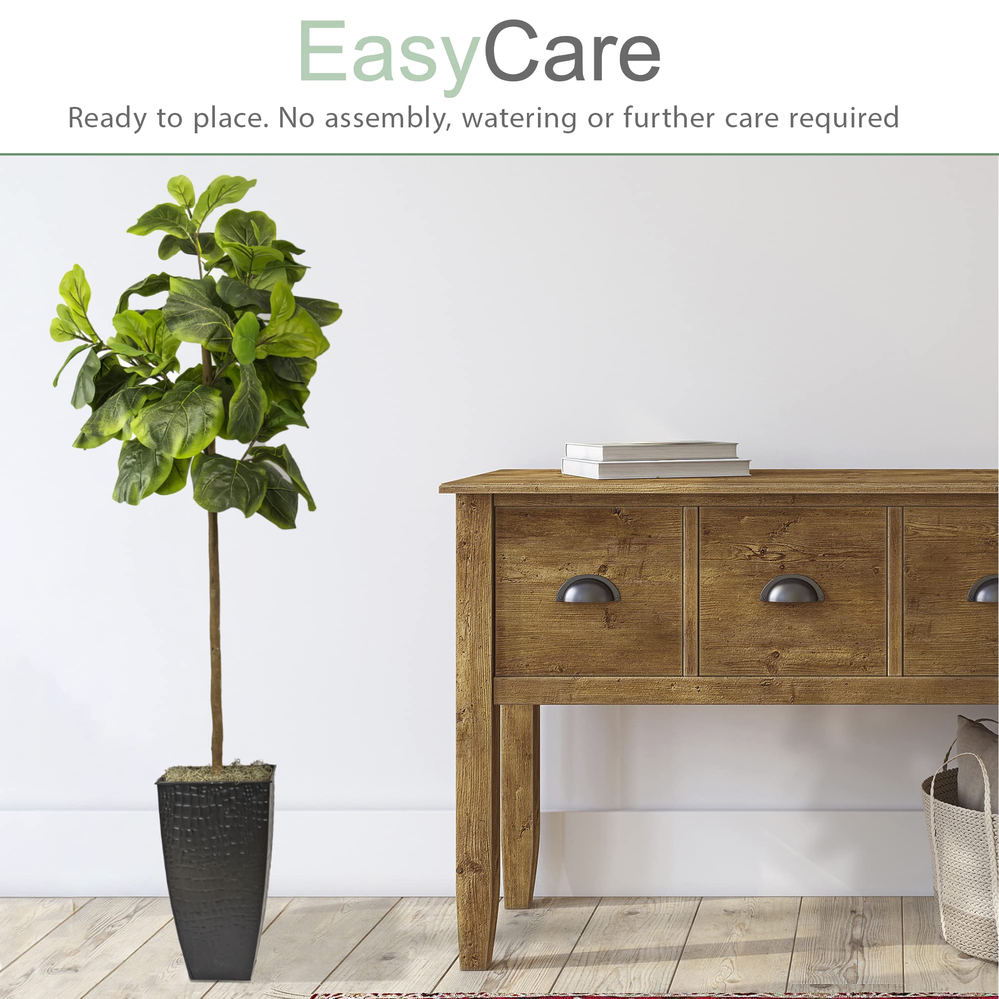 5FT Artificial Fiddle Leaf Fig Tree with Real-Wood Trunk & Black Metal Pot - Indoor Outdoor Fake Plant for Home Decor, Living Room, Office, Kitchen, Patio, Balcony - Low Maintenance Houseplant Alternative for Modern Spaces