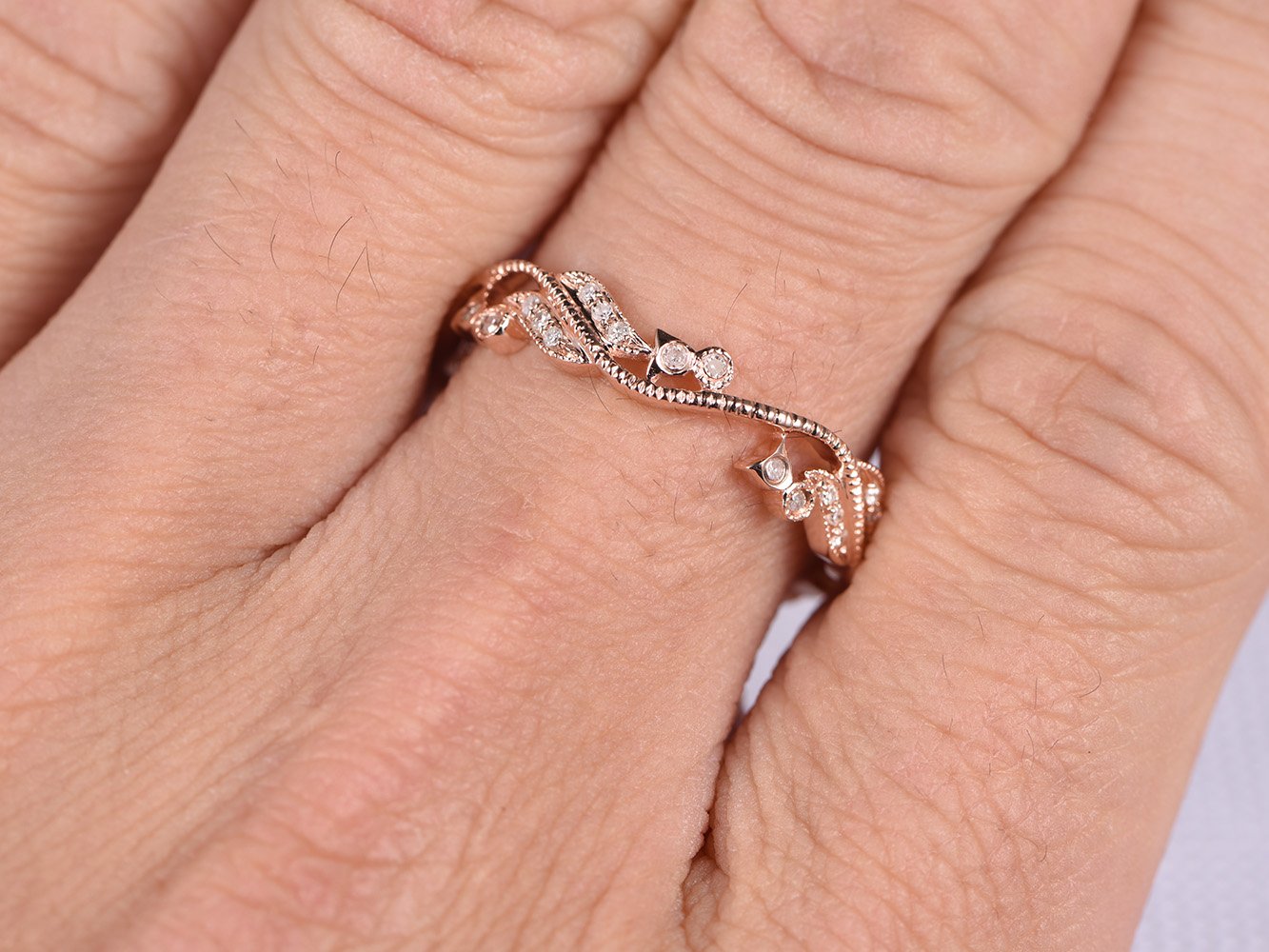 Antique Diamond Wedding Band - 14K Rose Gold Swirl & Milgrain Floral Engagement Ring | Art Nouveau Style for Vintage Brides & Anniversary Gifts