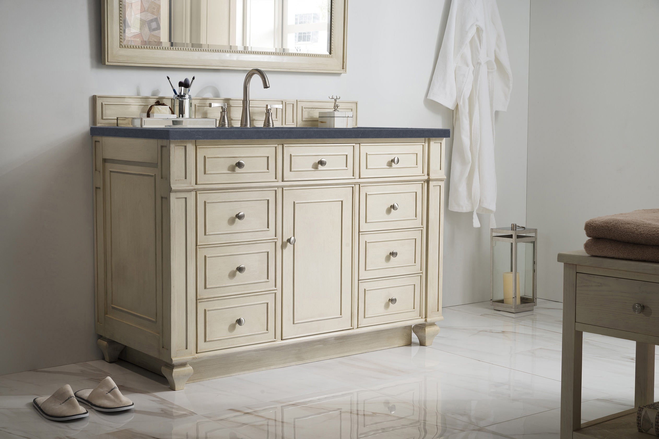 Bristol 48-Inch Single Bathroom Vanity in Vintage Vanilla with 3CM Charcoal Soapstone Quartz Top - Perfect for Modern Farmhouse & Traditional Bathroom Remodels