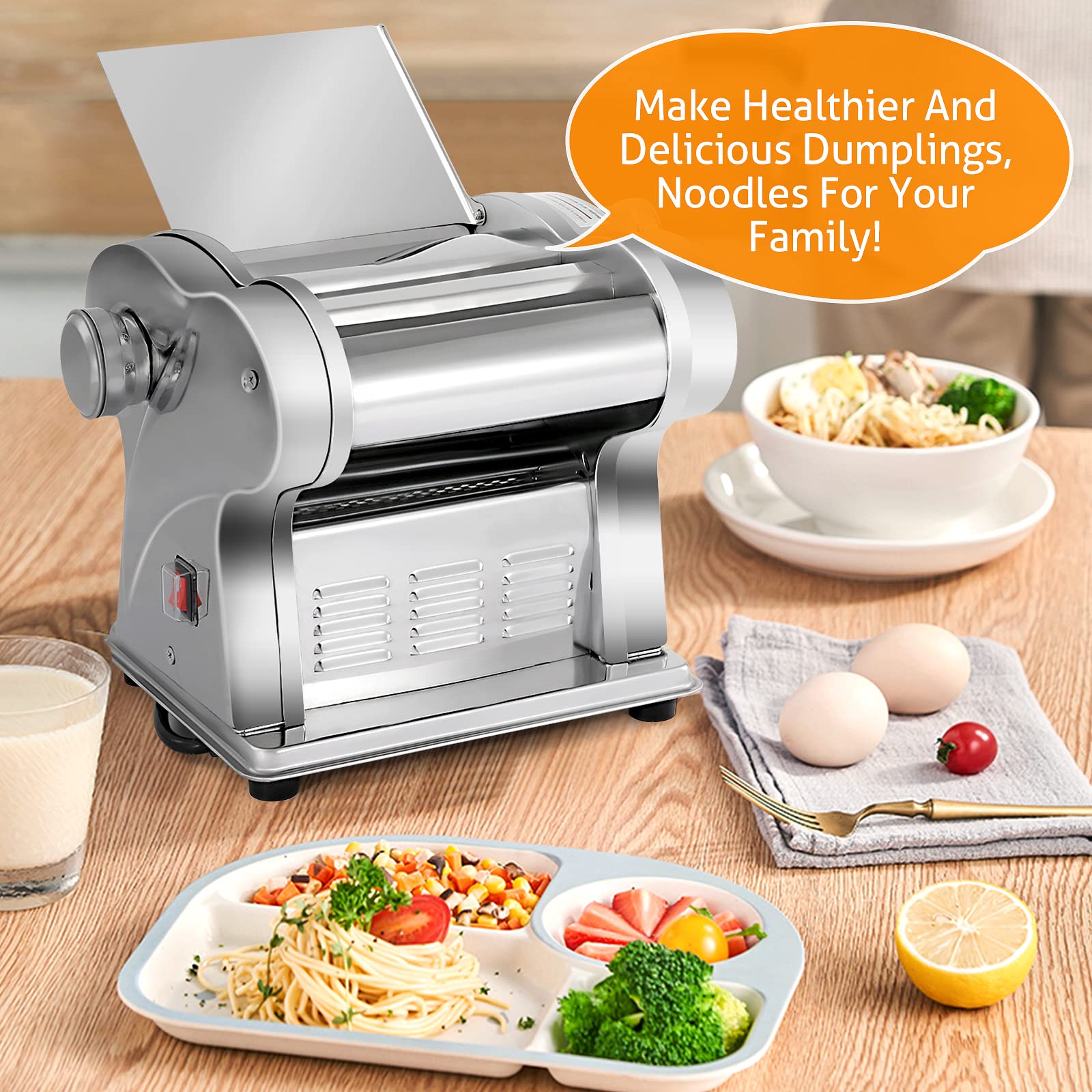 WICHEMI Electric Pasta Maker Machine - 135W Stainless Steel Pasta Dough Roller & Noodle Press for Spaghetti, Fettuccine | Includes 1.5mm & 4mm Flat Noodle Attachments | Perfect for Home Kitchen & Italian Cooking