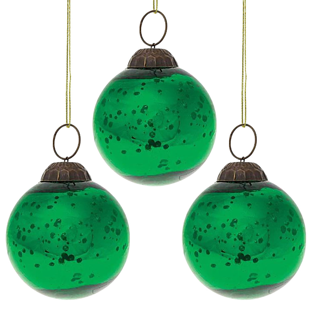 3 Pack Green Ava Mercury Glass Ball Ornaments - 2.5 Inch Christmas Tree Decorations for Holiday Party, Home, Office & Wedding Decor