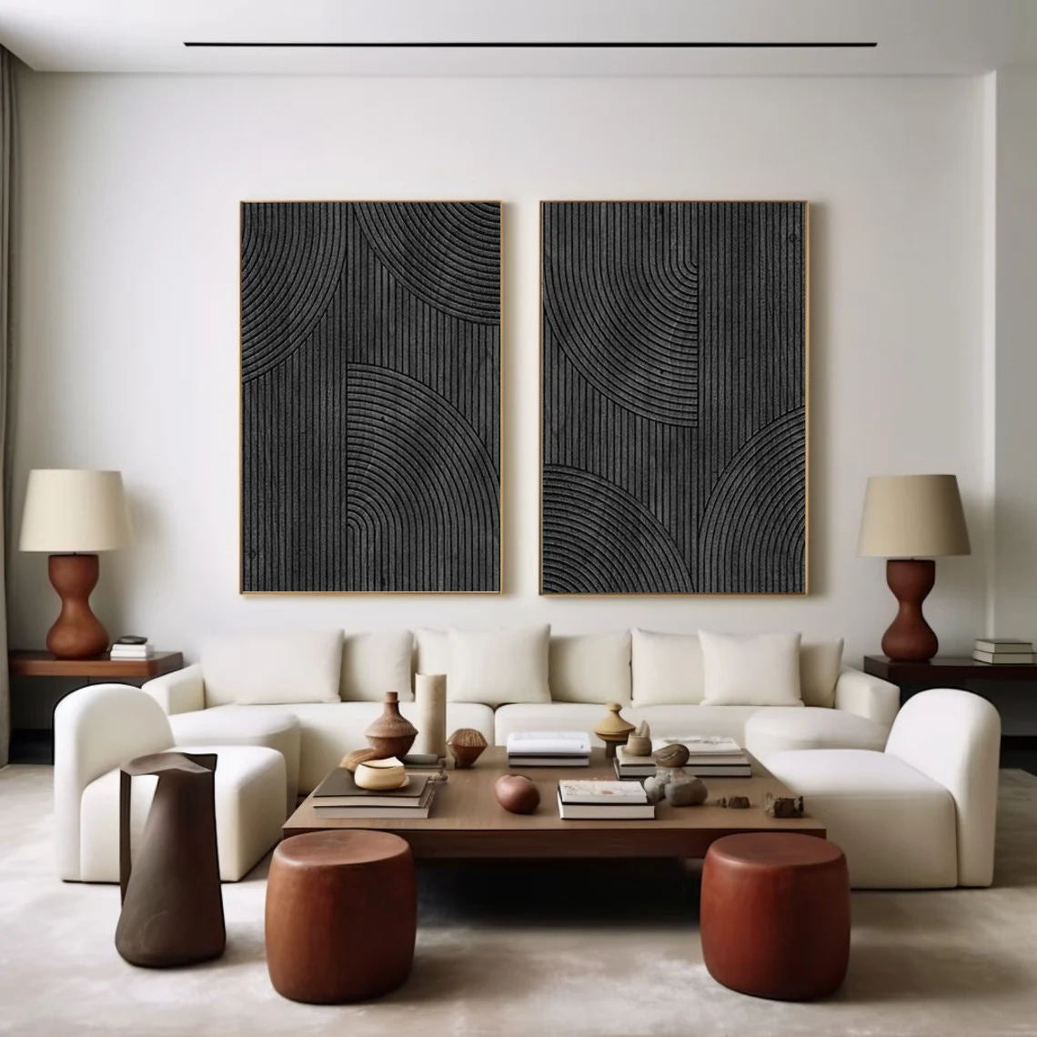 Modern Black Minimalist Textured Abstract Paintings - Set of 2 Canvas Wall Art for Living Room, Bedroom & Office Decor | Ready to Hang