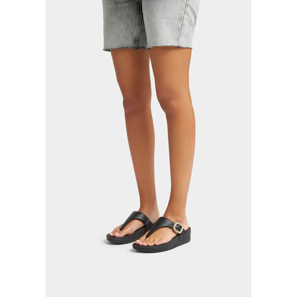 FitFlop Lulu Crystal Buckle Leather Toe Post Sandals for Women - Comfortable Black Summer Flip Flops for Beach, Pool & Casual Outings