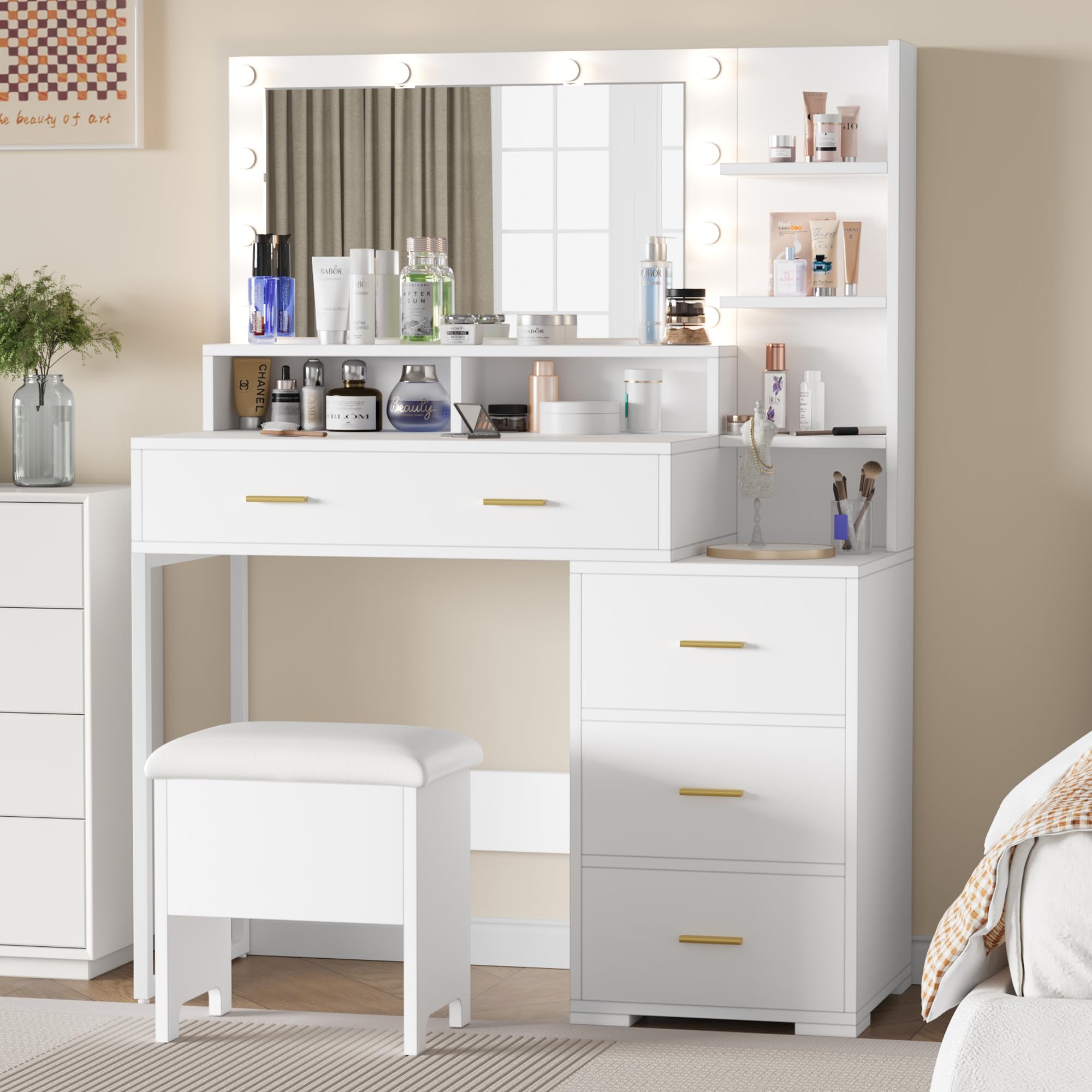 LED Makeup Vanity Desk with Mirror & 9 Lights, 5 Drawers for Bedroom Beauty