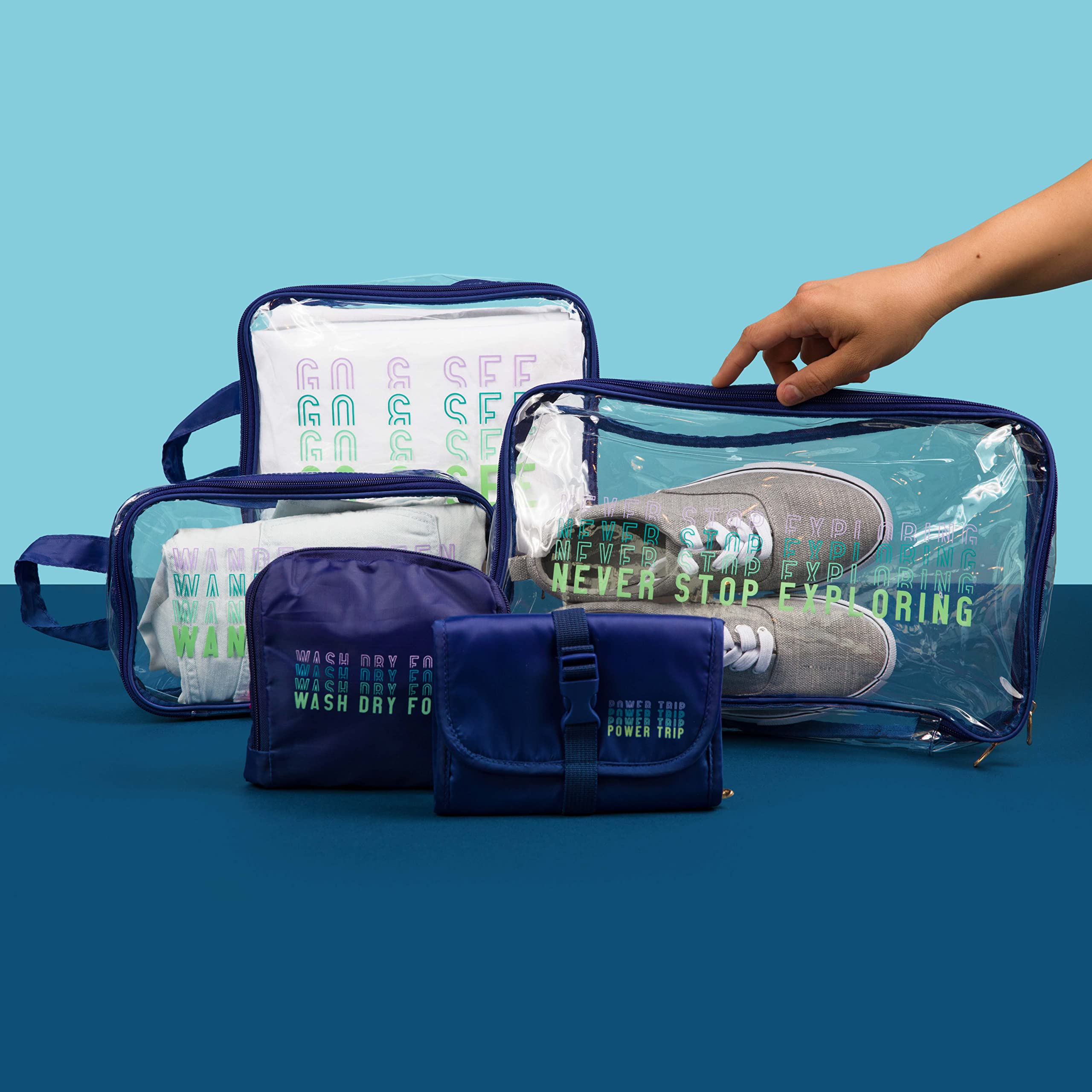 Miamica 3-Piece Packing Cubes Set - Small, Medium & Large Travel Organizers with Clear Blue Wander Design - Durable Suitcase Organizer for Clothes & Accessories - Perfect for Business Trips, Vacations & Weekend Getaways
