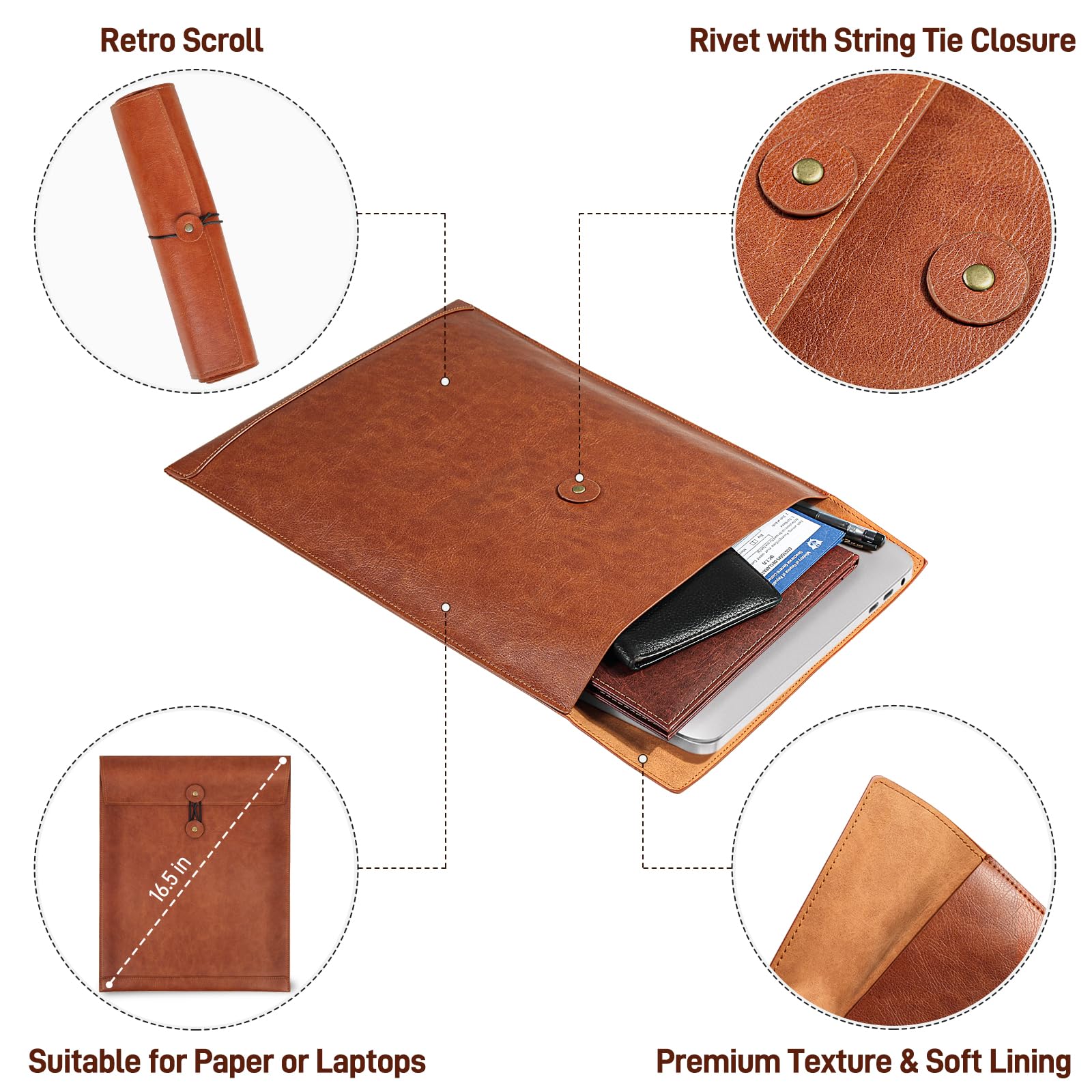 Premium Brown PU Leather File Folders - Letter Size Document Organizer with Secure String Tie Closure | Ideal for Office, School & Business Professionals | Laptop Sleeve, Notebook Case & Portfolio Binder Alternative