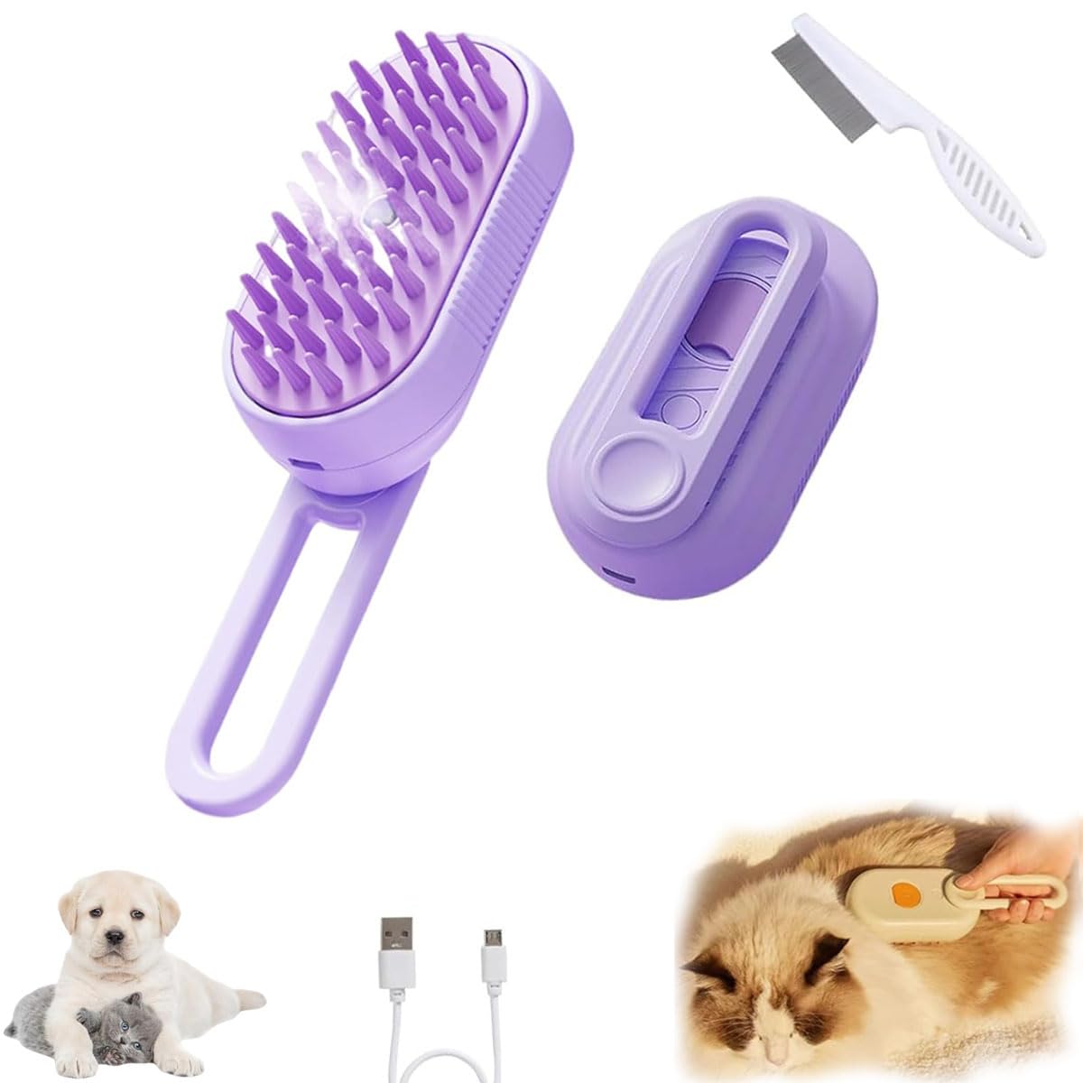**Puffease Spritz Defur Comb for Cats & Dogs - 3-in-1 Self-Cleaning Silicone Pet Brush with 360° Rotating Bristles (Purple) - Gentle Grooming for Shedding Control & Coat Shine - Perfect for Home & Travel Use**