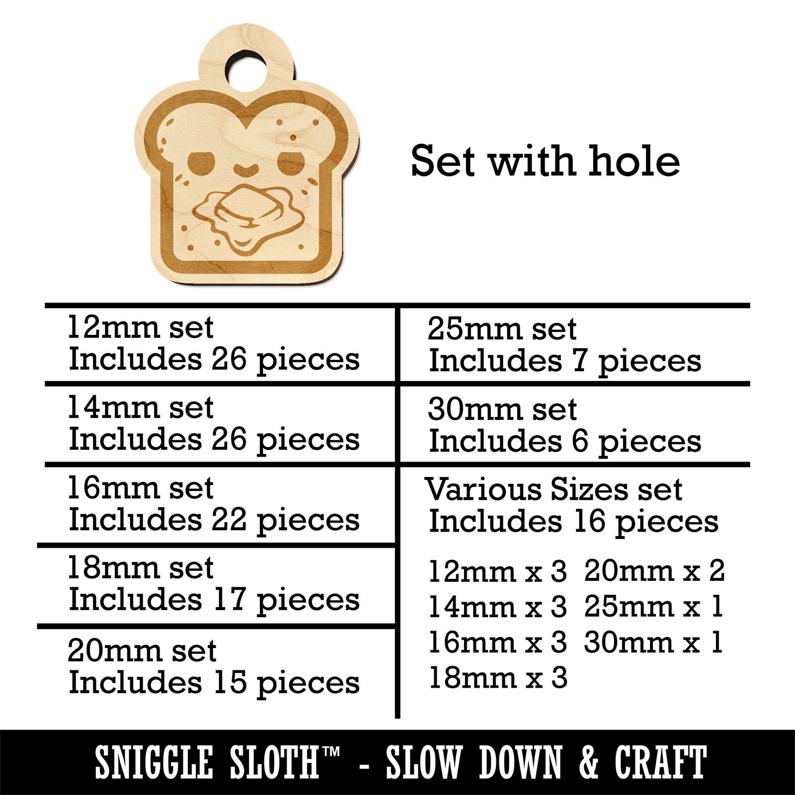 Kawaii Mini Buttered Toast Bread Wooden Charms - 18mm (17pcs) with Hole - DIY Jewelry Making & Craft Supplies - Perfect for Keychains, Bracelets, Scrapbooking