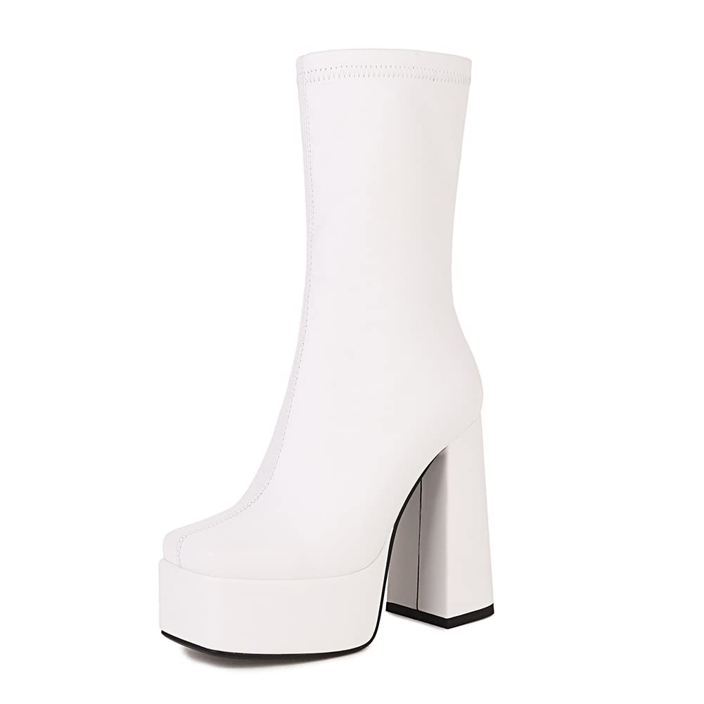 Tscoyuki Women's Chunky Heel Mid Calf Boots - Platform Elastic Square Toe Knee High Boots with Side Zipper | Stylish Winter Fashion for Casual Outfits, Office Wear & Night Out